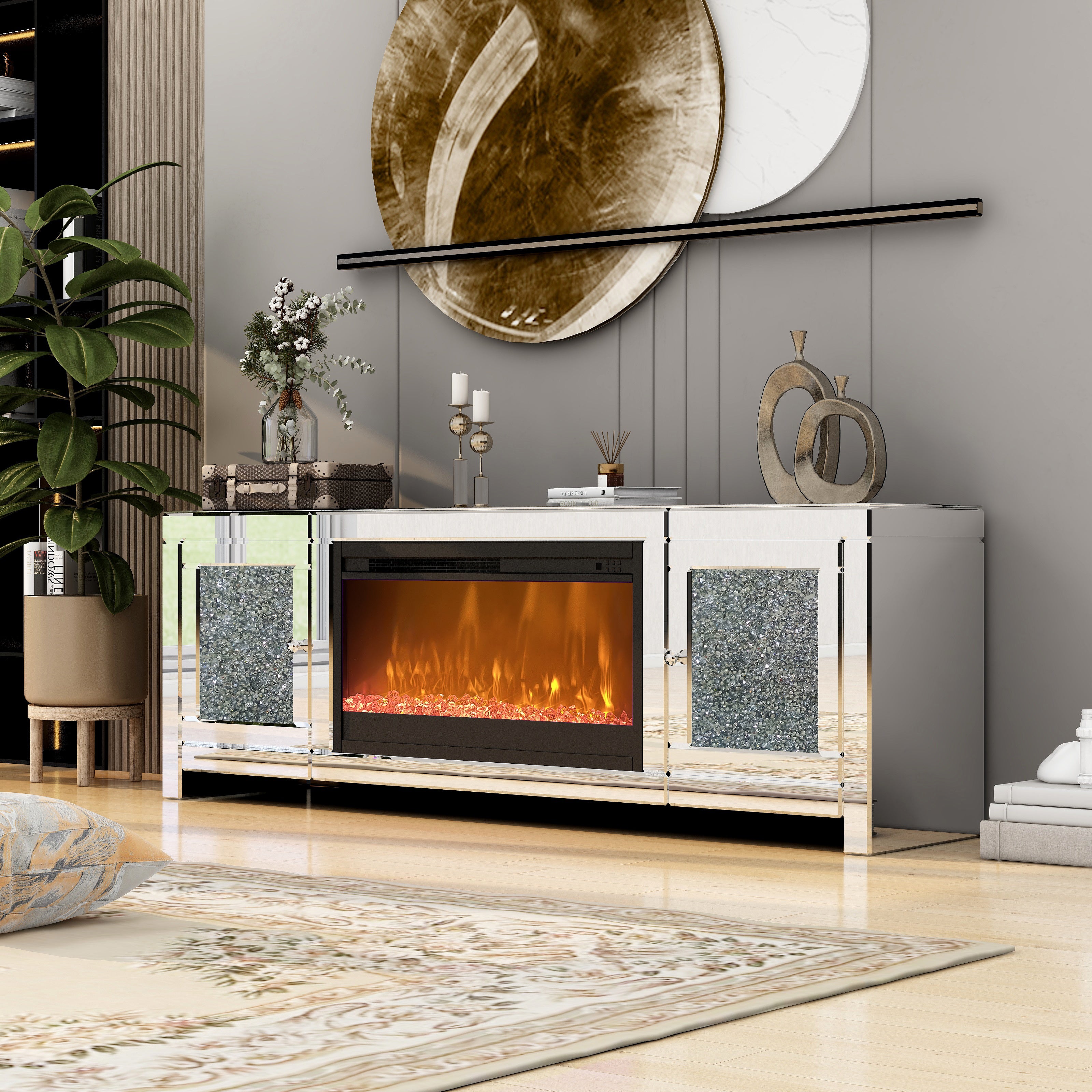 Mirror glass TV stand with electric fireplace, crystal decor doors, 7 colors choosen, remote control, 8h timing