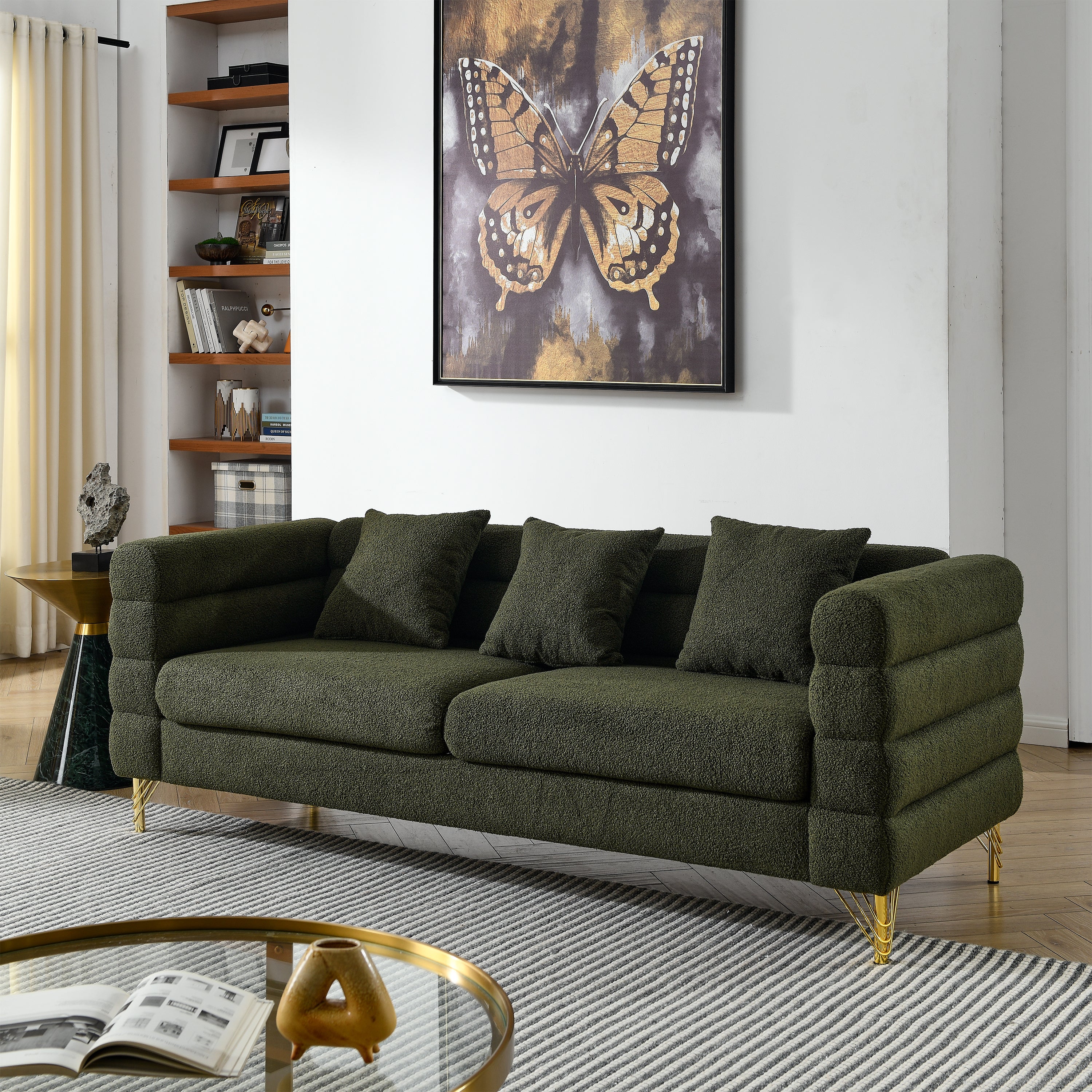 81Inch Oversized 3 Seater Sectional Sofa, Living Room Comfort Fabric Sectional Sofa - Deep Seating Sectional Sofa, Soft Sitting with 3 Pillows for Living Room, Bedroom, Office Green teddy (W834S00033)