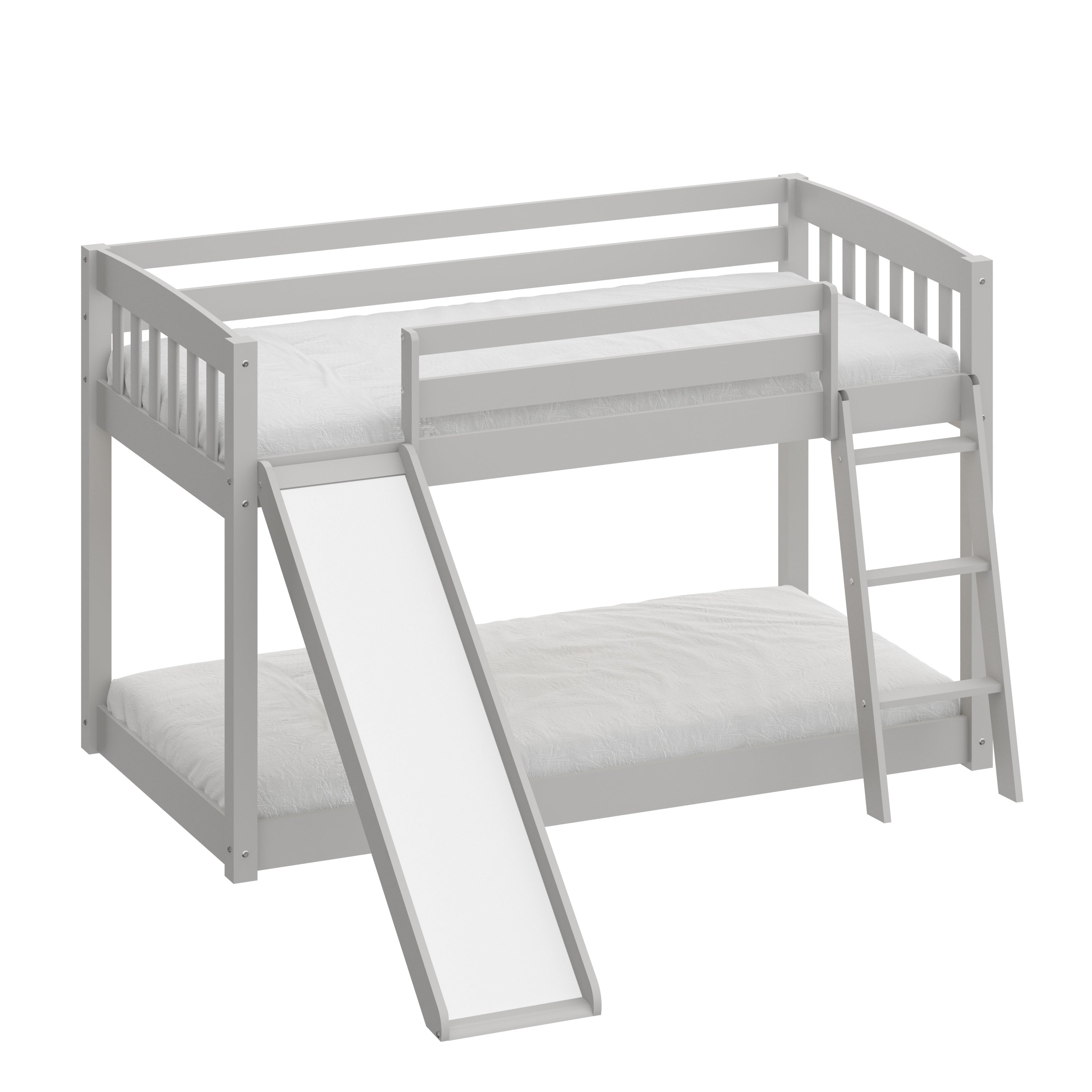 Kids Bunk Bed Twin Over Twin with Slide and Stairs, Heavy Duty Solid Wood Twin Bunk Beds, Toddler Bed Frame with Safety Guardrails, Grey