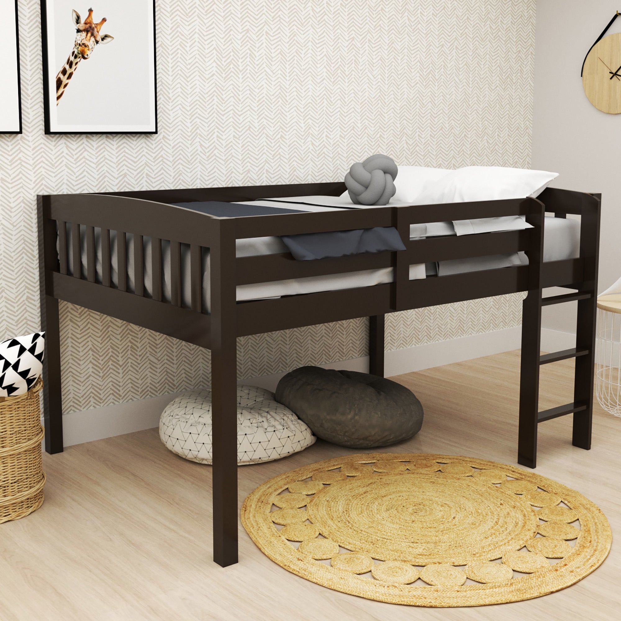 ElbrusLow Cappucinno Loft Bed with Storage, Space Saver Full Size Kids Loft Bed with Stairs for Toddlers Assembled in Sturdy Solid Wood, No Box Spring Needed.