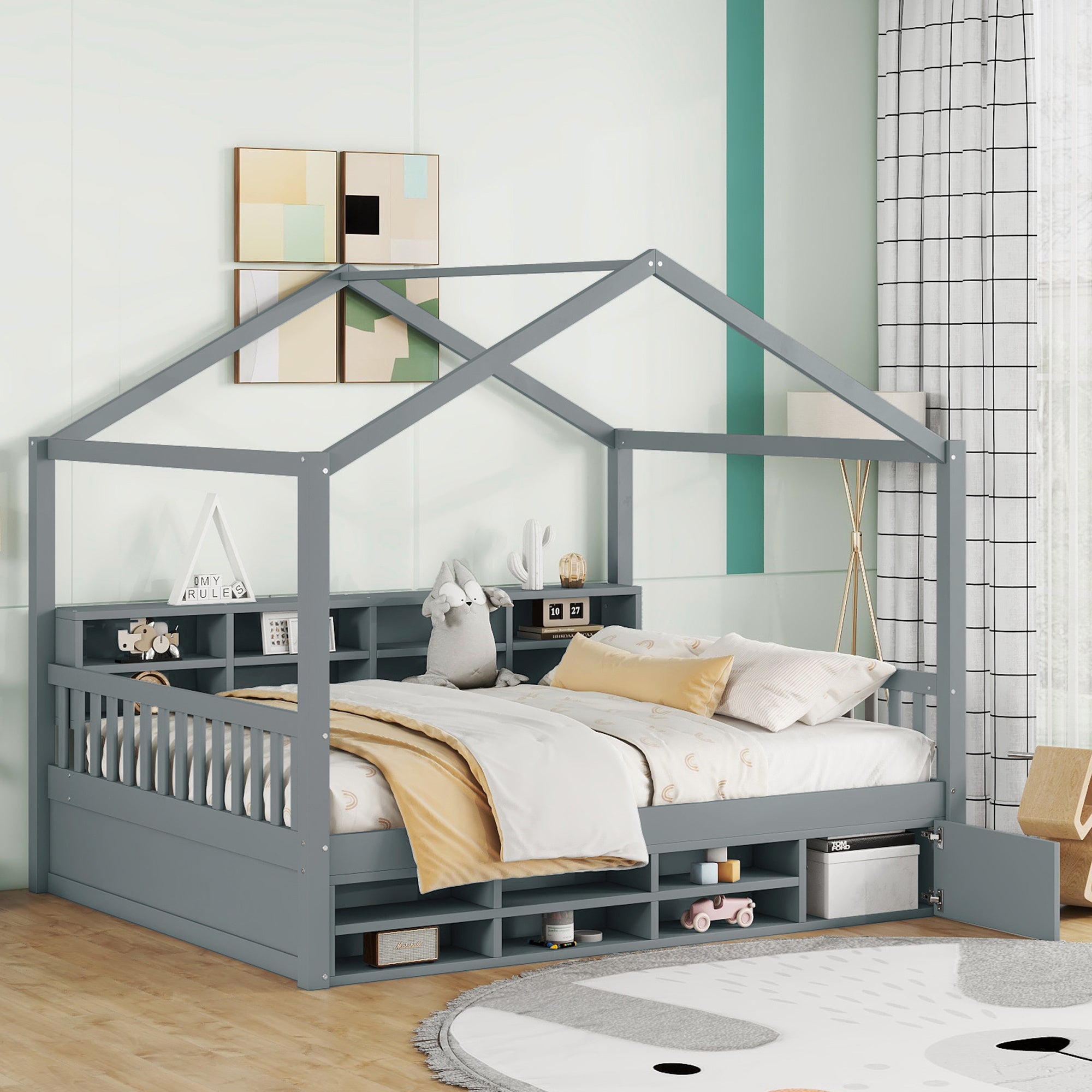 Full Size Wooden House Bed with Shelves and a Mini-cabinet, Gray