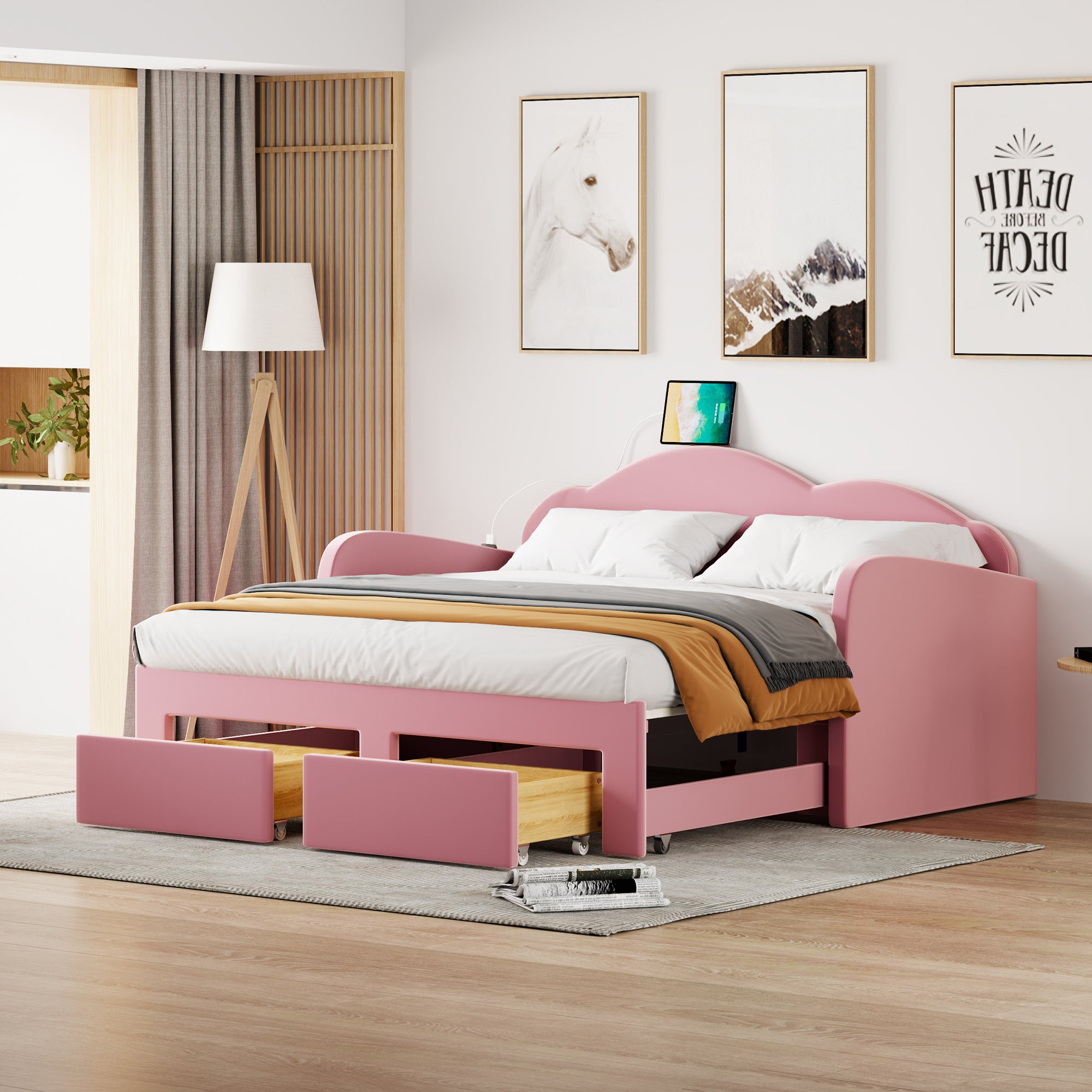 Twin Size Upholstered daybed with Cloud-Shaped Backrest, Trundle & 2 Drawers and USB Ports, Pink