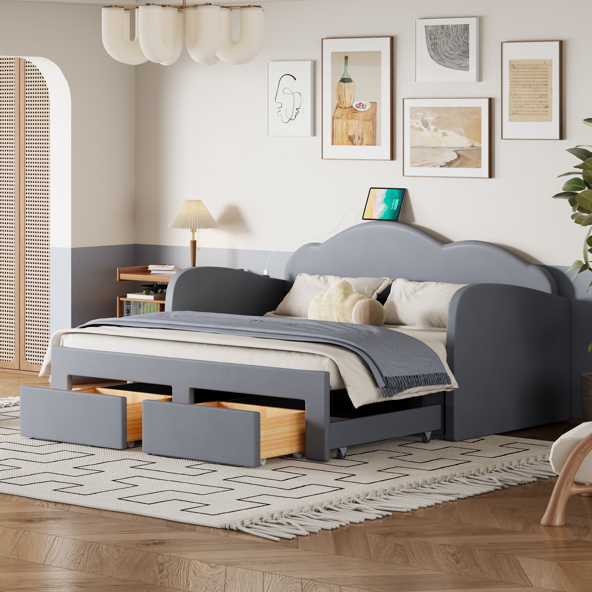 Twin Size Upholstered daybed with Cloud-Shaped Backrest, Trundle & 2 Drawers and USB Ports, Gray