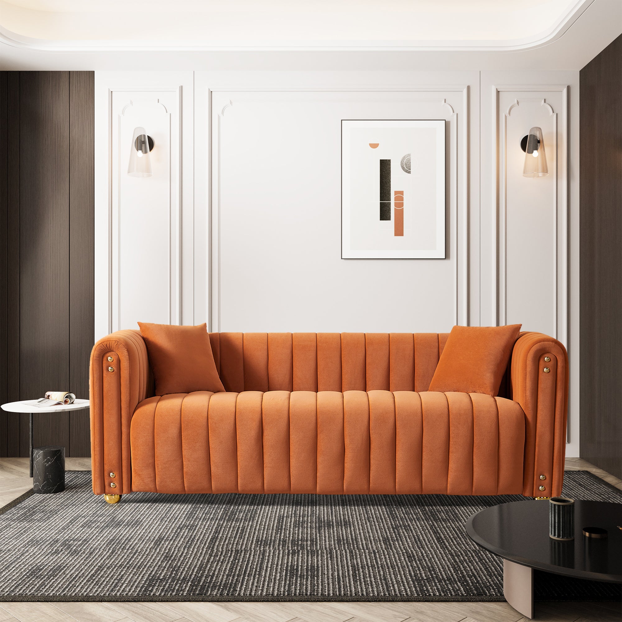 79.92" Modern Vertical Channel Tufted Velvet Sofa,Comfortable Sofa for Living Room-Orange