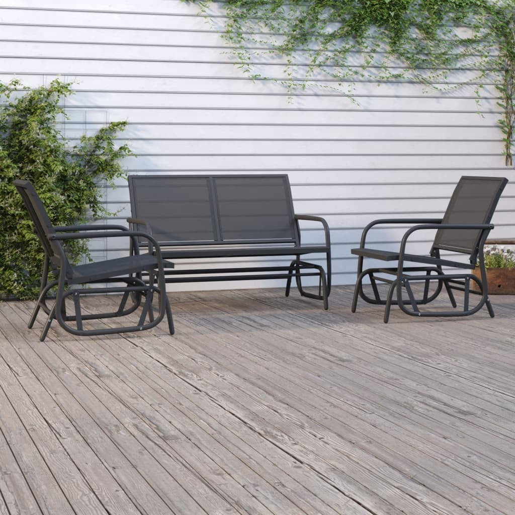 3 Piece Garden Glider Lounge Set Black Textilene and Steel