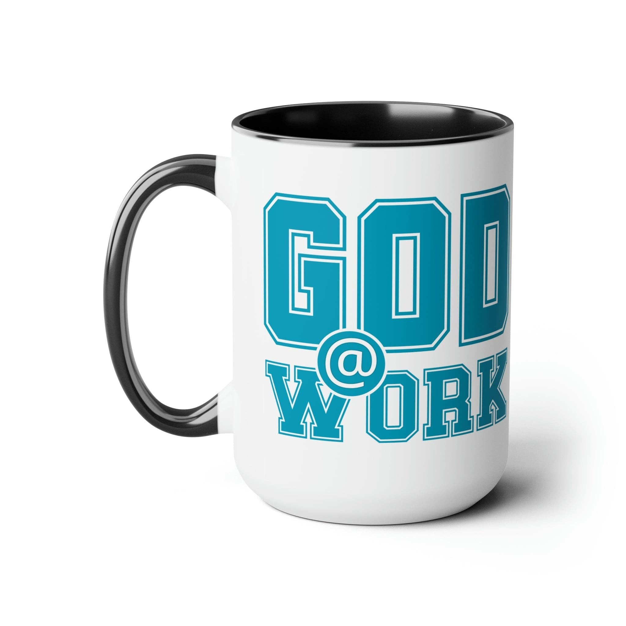 Accent Ceramic Coffee Mug 15oz - God @ Work Blue Green And White Print