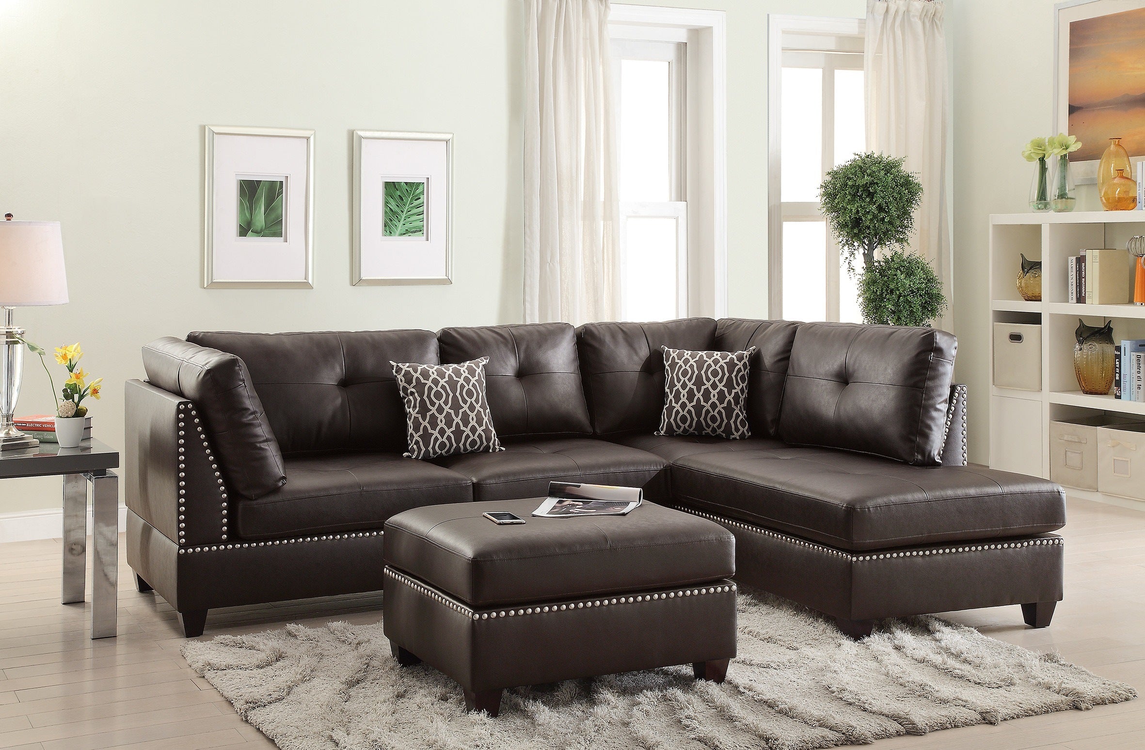 3-pcs Sectional Sofa Espresso Bonded Leather Cushion Sofa Chaise Ottoman Reversible Couch Pillows