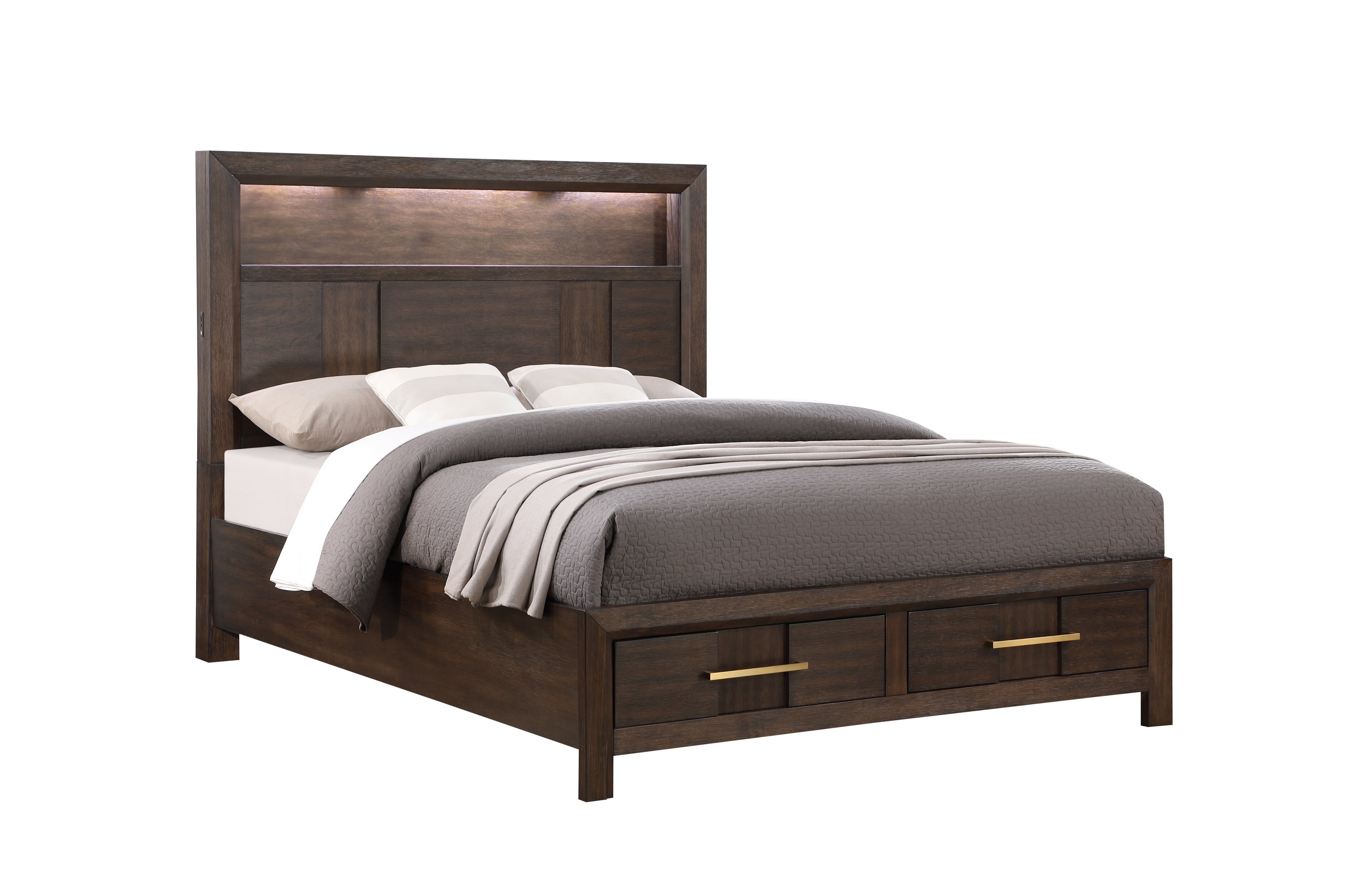 Kenzo Modern Style King Bed Made with Wood & LED Headboard with bookshelf in Walnut