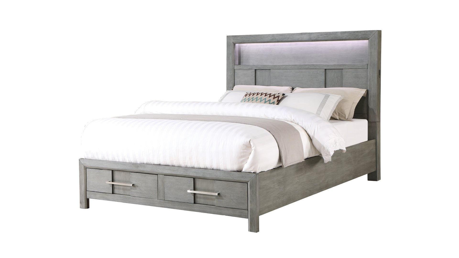 Kenzo Modern Style King Bed Made with Wood & LED Headboard with bookshelf in Gray