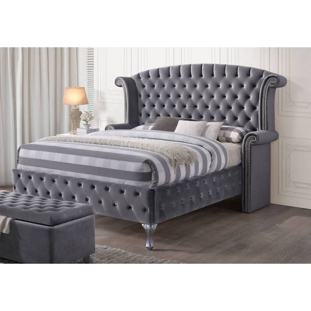 ACME Rebekah Eastern King Bed in Gray Velvet 25816EK