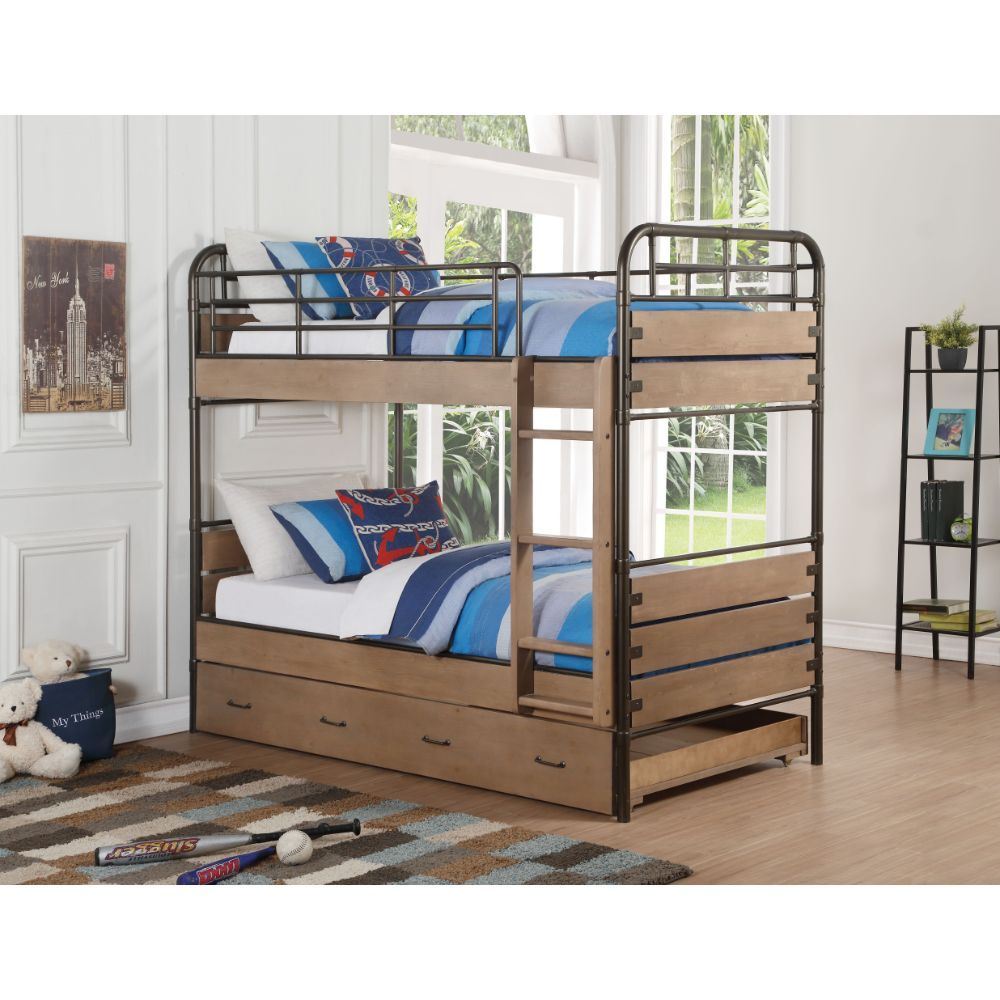 ACME Adams Bunk Bed & Trundle (Twin/Twin) in Antique Oak & Gunmetal 37760