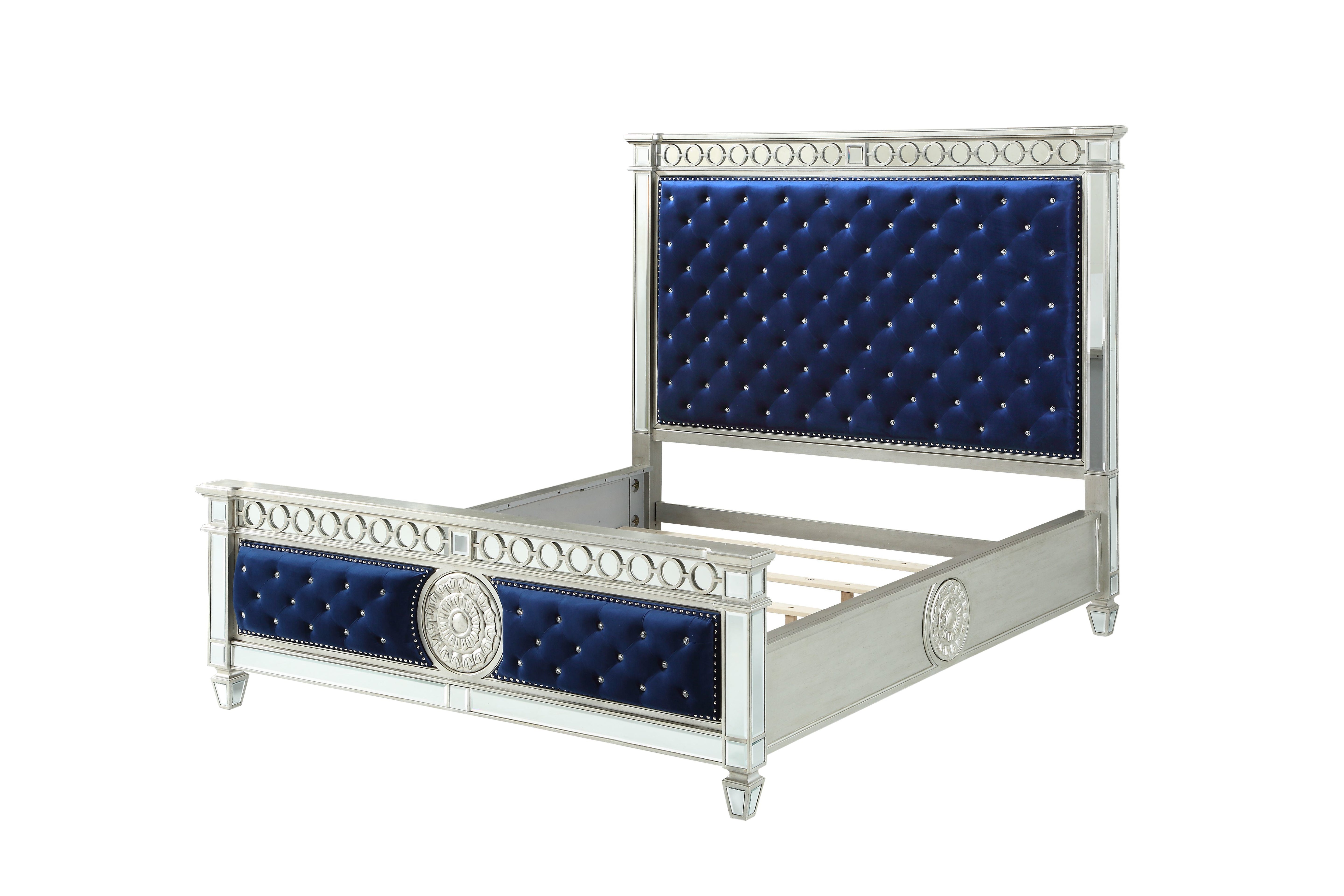 ACME Varian California King Bed, Blue Velvet & Mirrored 26144CK