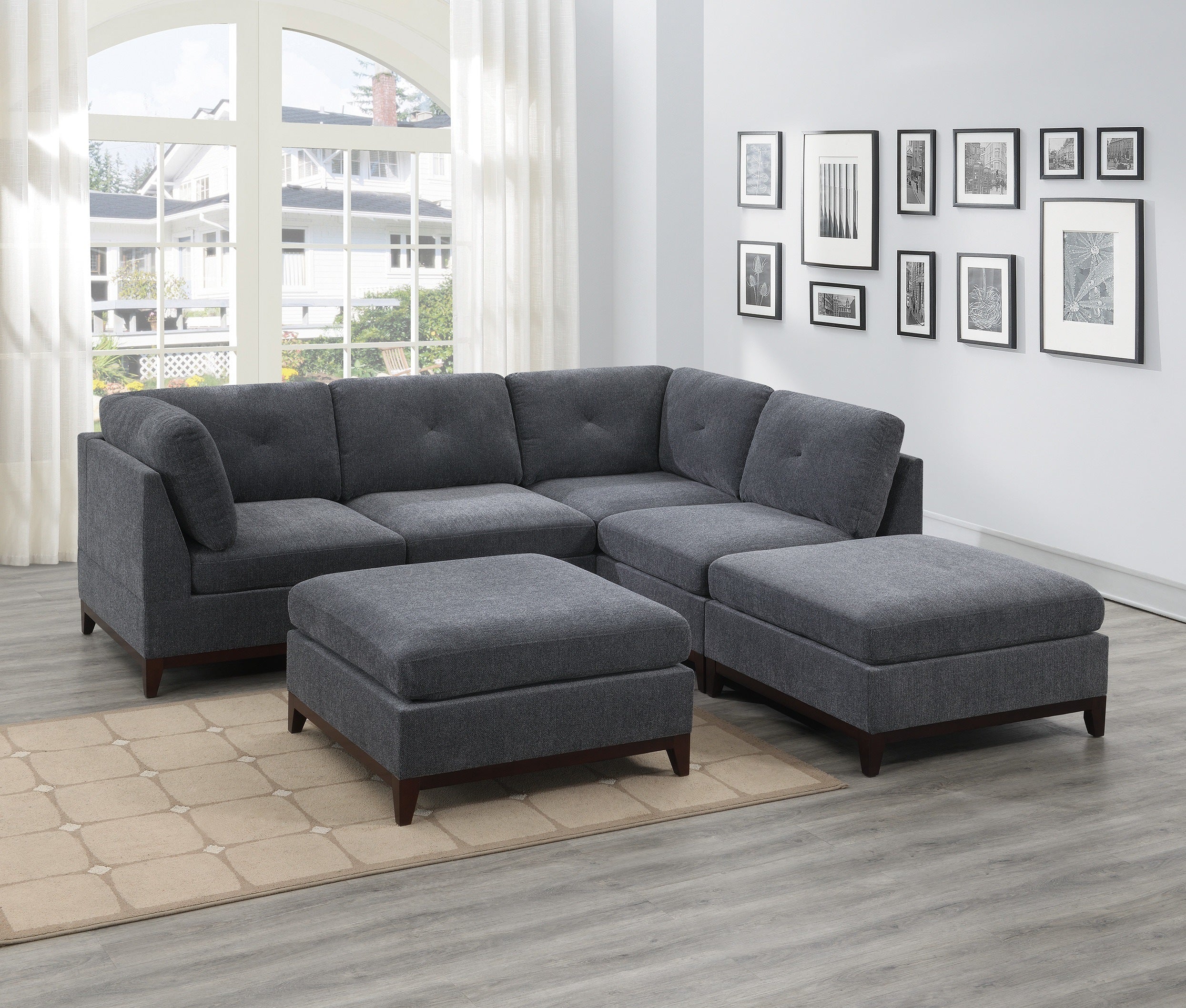 Ash Grey Chenille Fabric Modular Sectional 6pc Set Living Room Furniture Corner L-Sectional Couch 2x Corner Wedge 2x Armless Chairs and 2x Ottomans Tufted Back