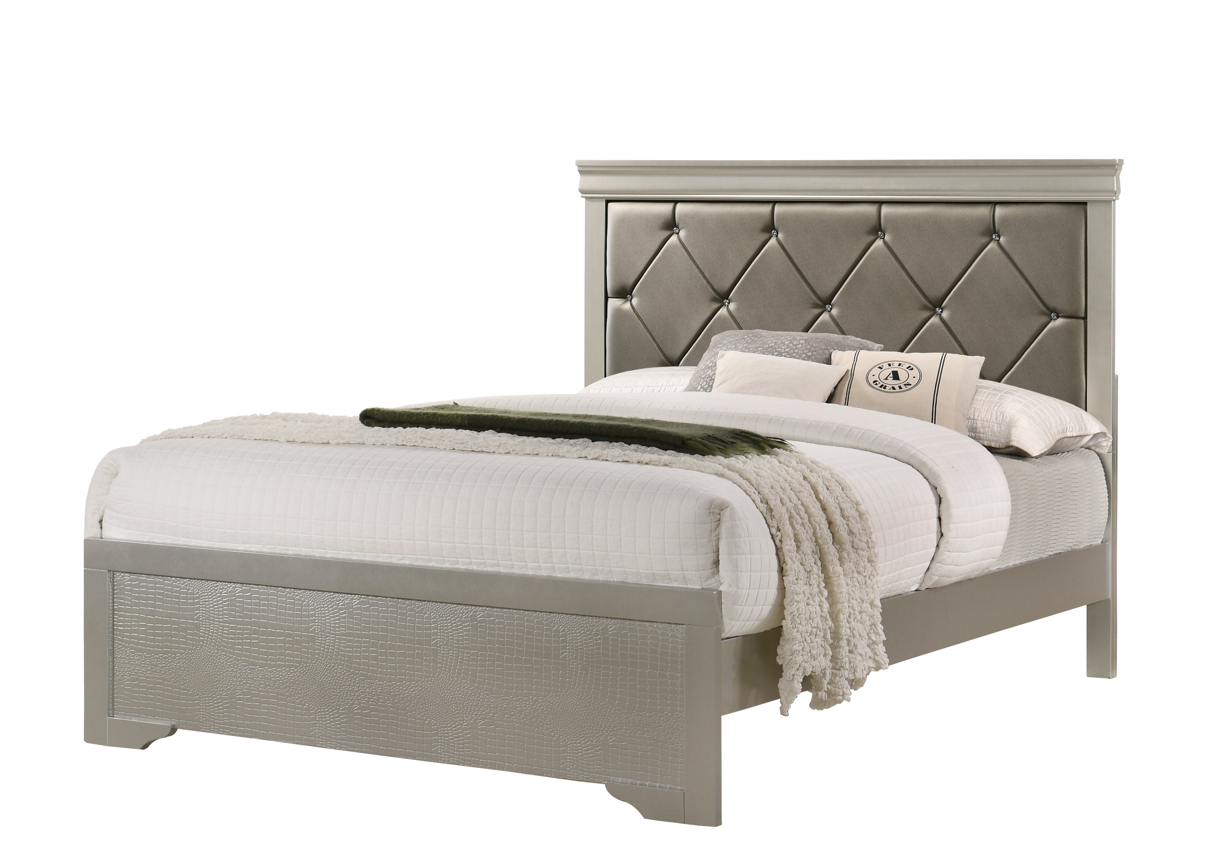 Modern 1pc Beige Champagne Finish Queen Size Panel Bed Wooden Crocodile Texture PU Upholstered Headboard Crystal-Like Button Tufted Fabric Bedroom Furniture