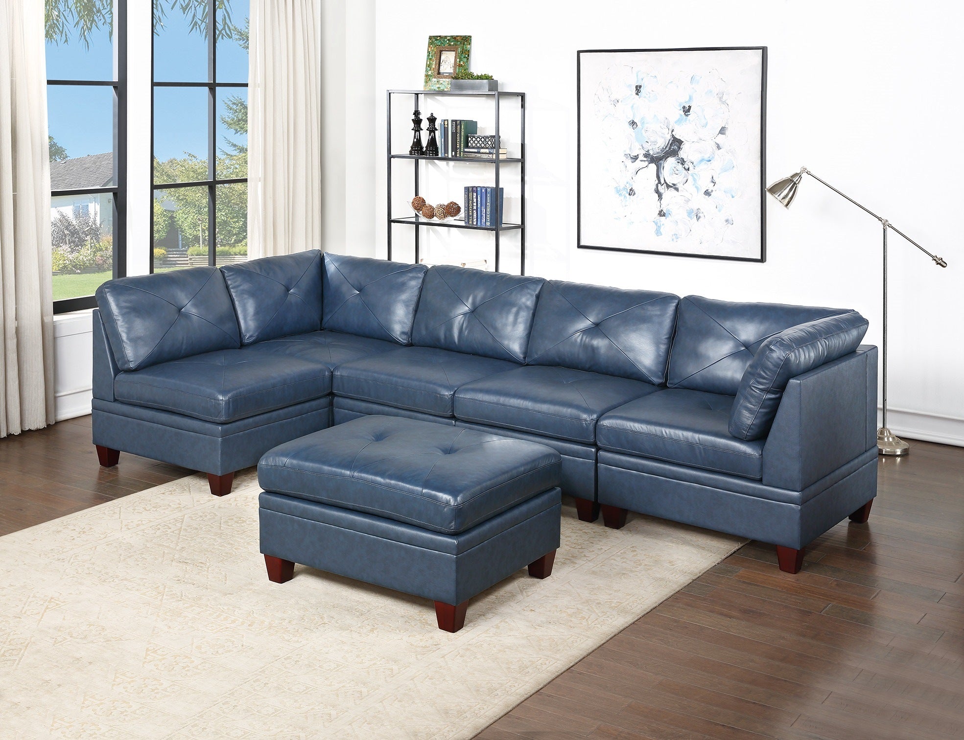 Genuine Leather Ink Blue Tufted 6pc Modular Sofa Set 2x Corner Wedge 3x Armless Chair 1x Ottoman Living Room Furniture Sofa Couch