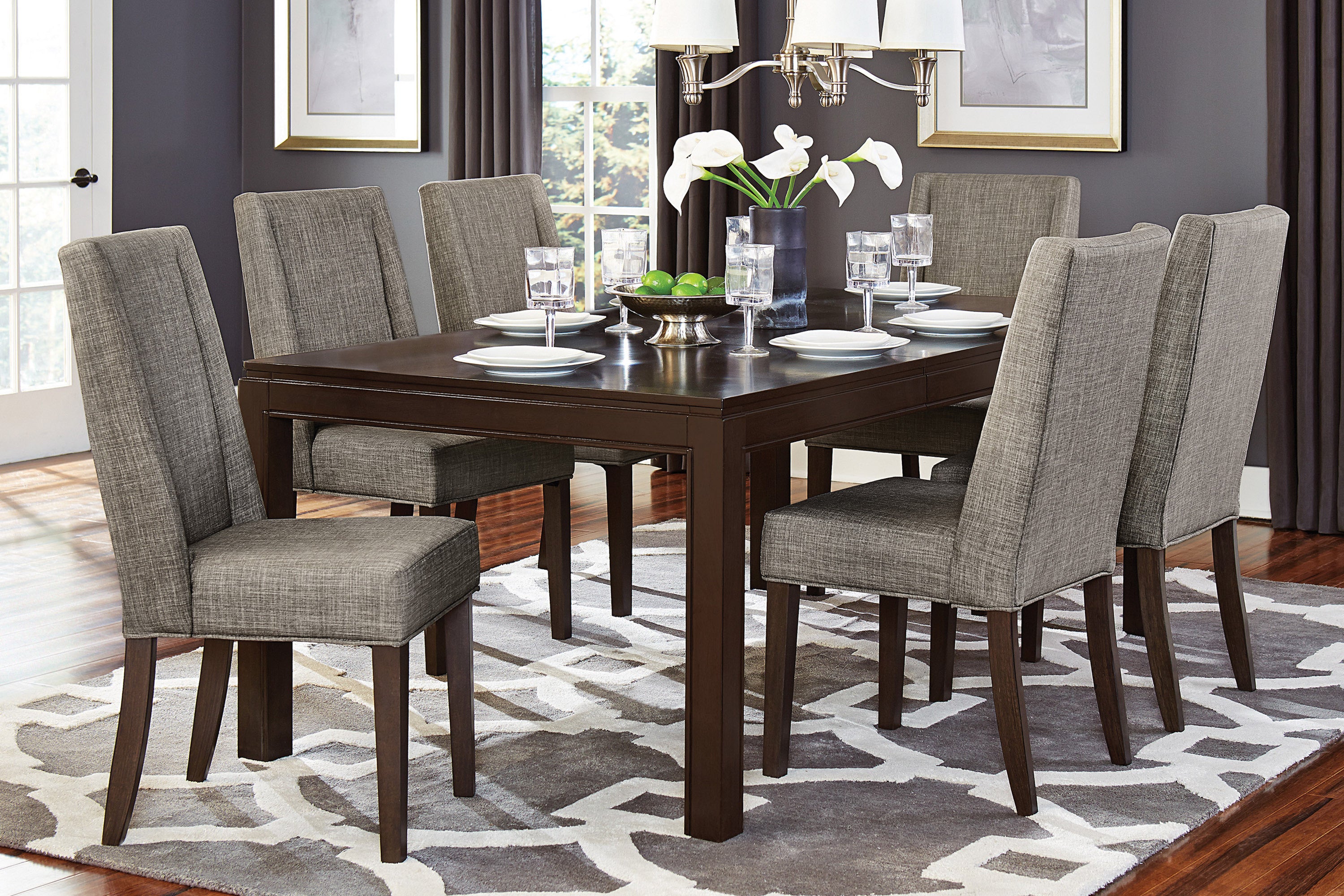 Contemporary Dark Brown 7pc Dining set Table with Extension Leaf and 6x Upholstered Side Chairs Modern Dining Room Furniture