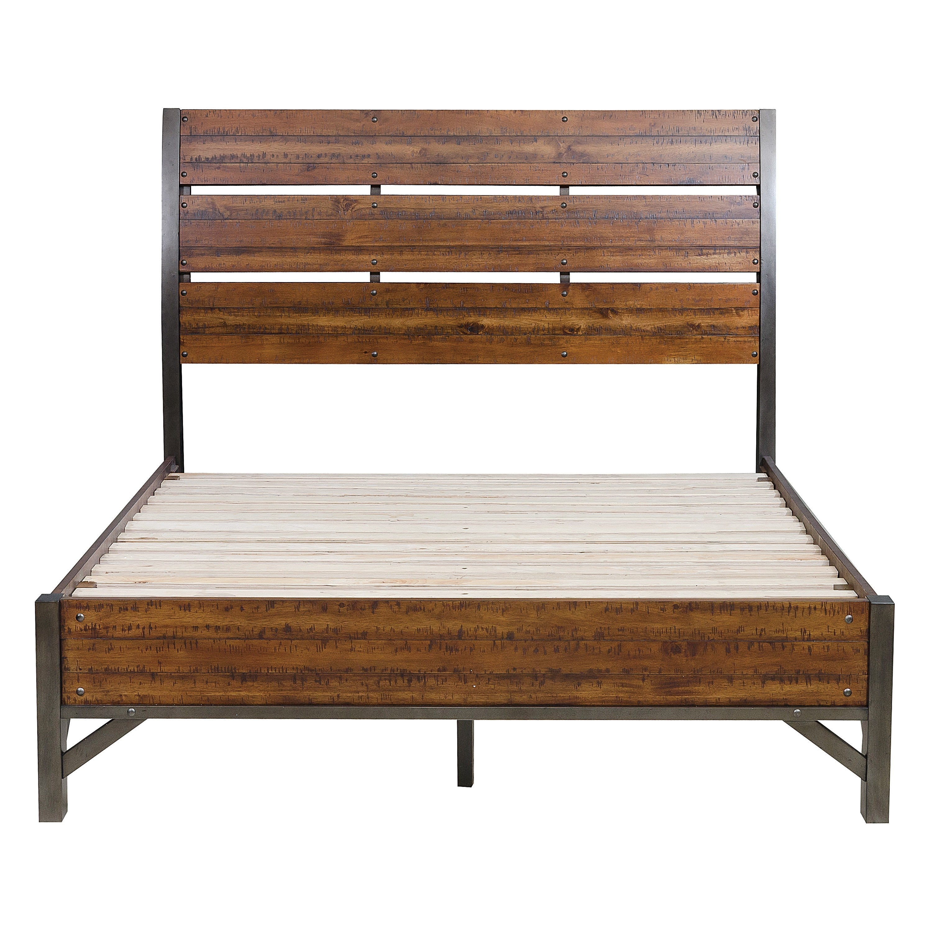 Rustic Brown and Gunmetal Finish 1pc Queen Size Platform Bed Industrial Design Horizontal Slats Bedroom Furniture