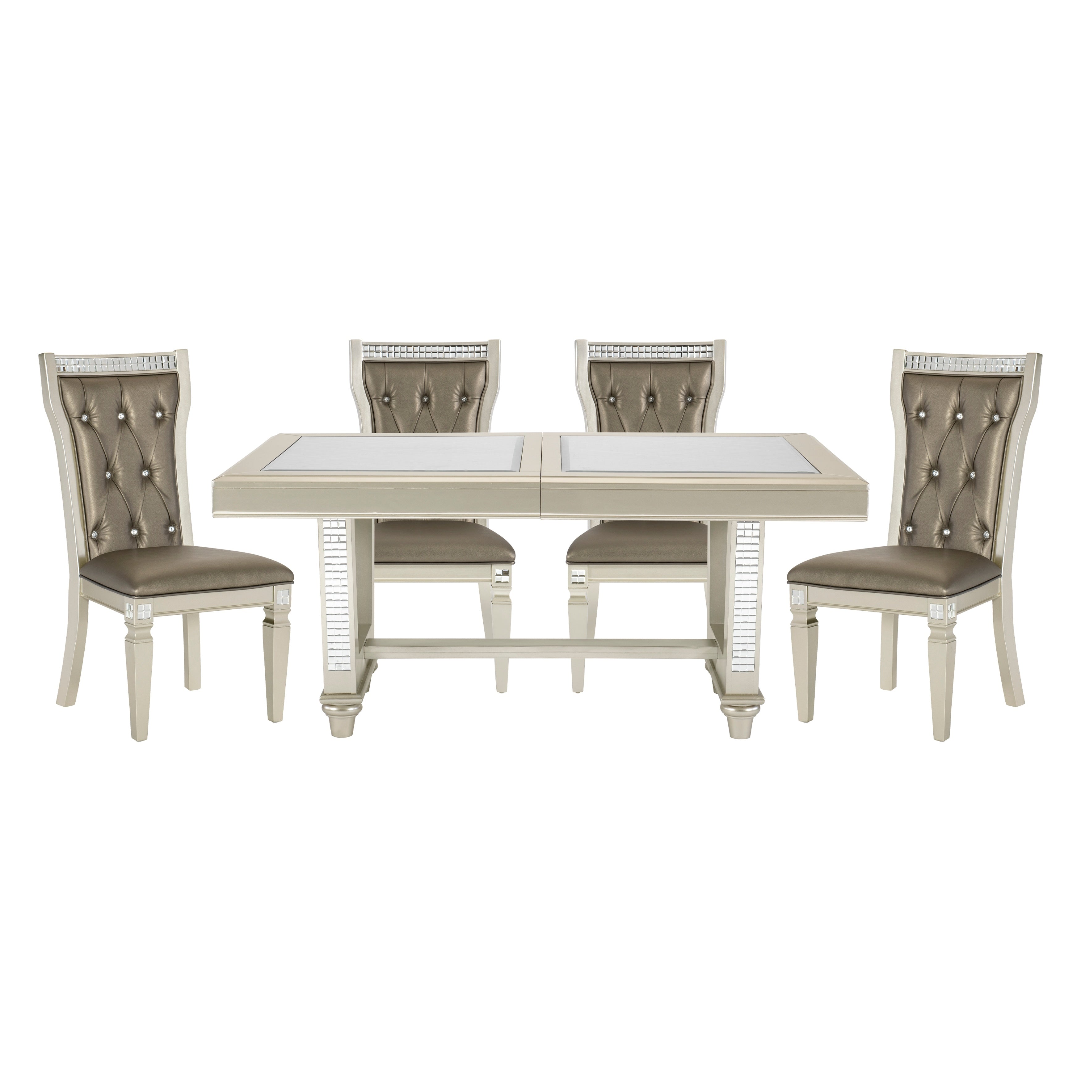 Glamorous Style Dining 5pc Set Champagne Finish Table w Leaf Glass Insert Top Upholstered Tufted 4x Side Chairs Traditional Dining Room Furniture