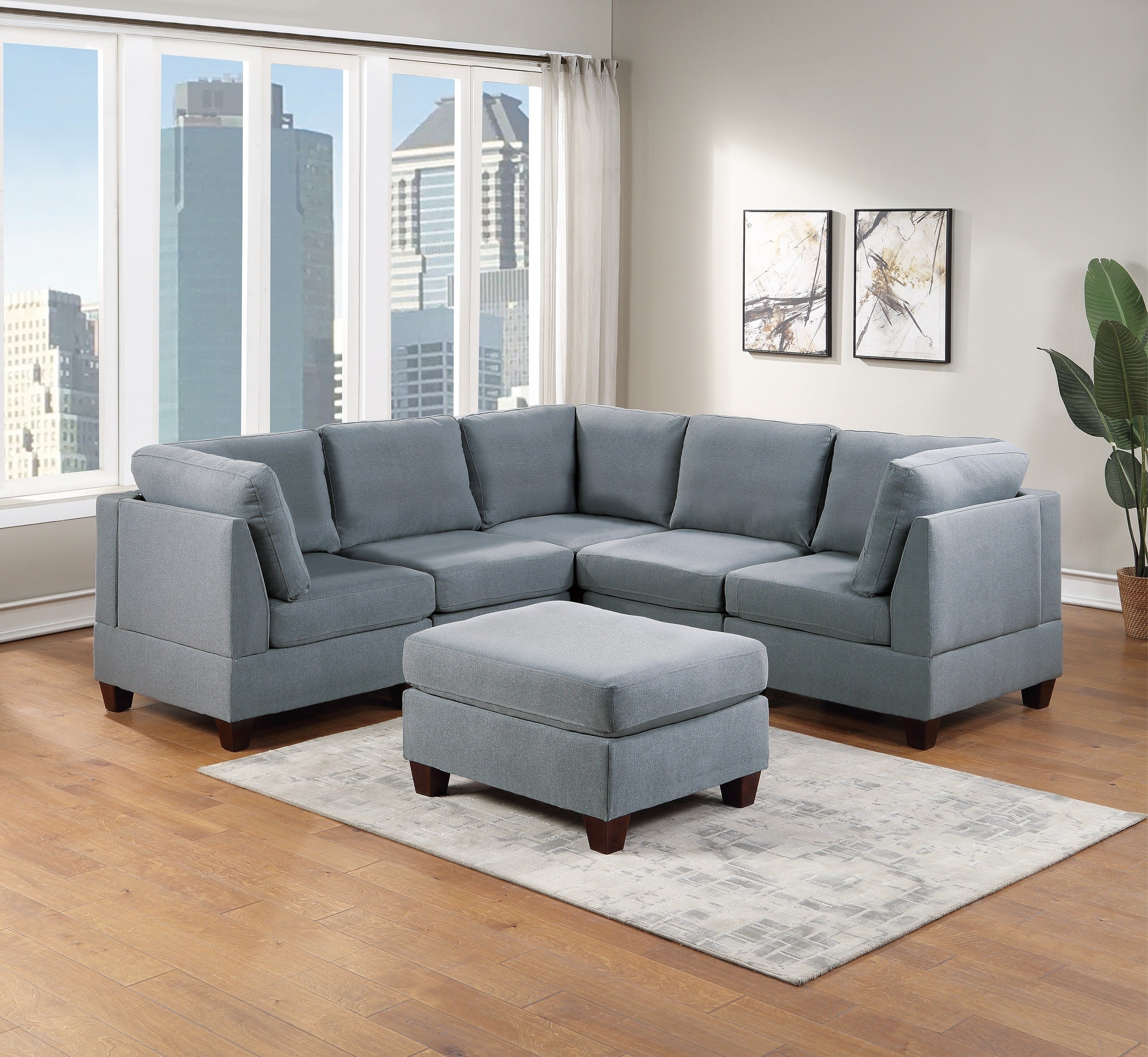 Modular Sectional 6pc Set Living Room Furniture Corner Sectional Couch Grey Linen Like Fabric 3x Corner Wedge 2x Armless Chairs and 1x Ottoman