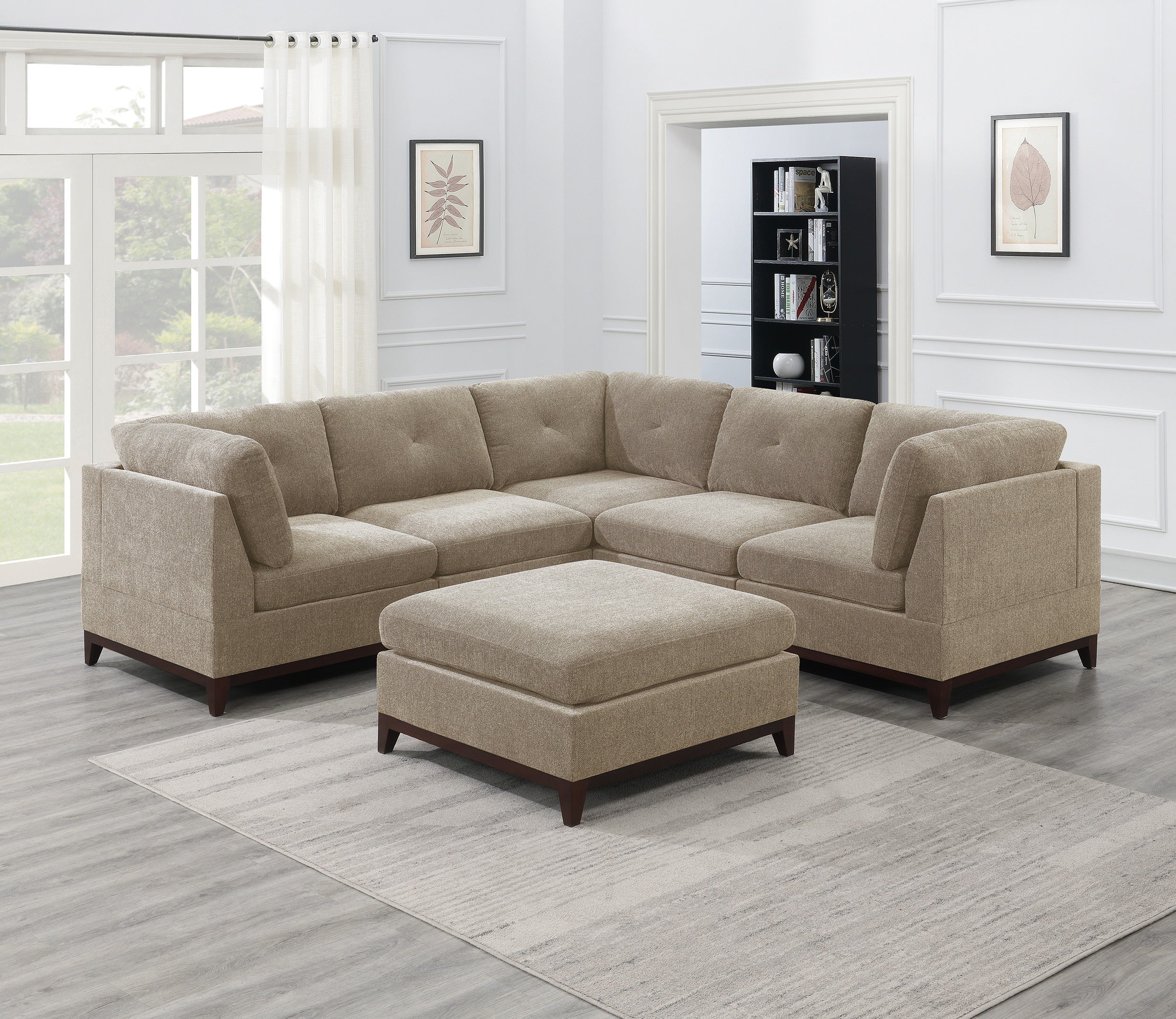 Camel Chenille Fabric Modular Sectional 6pc Set Living Room Furniture Corner Sectional Couch 3x Corner Wedge 2x Armless Chairs and 1x Ottoman Tufted Back