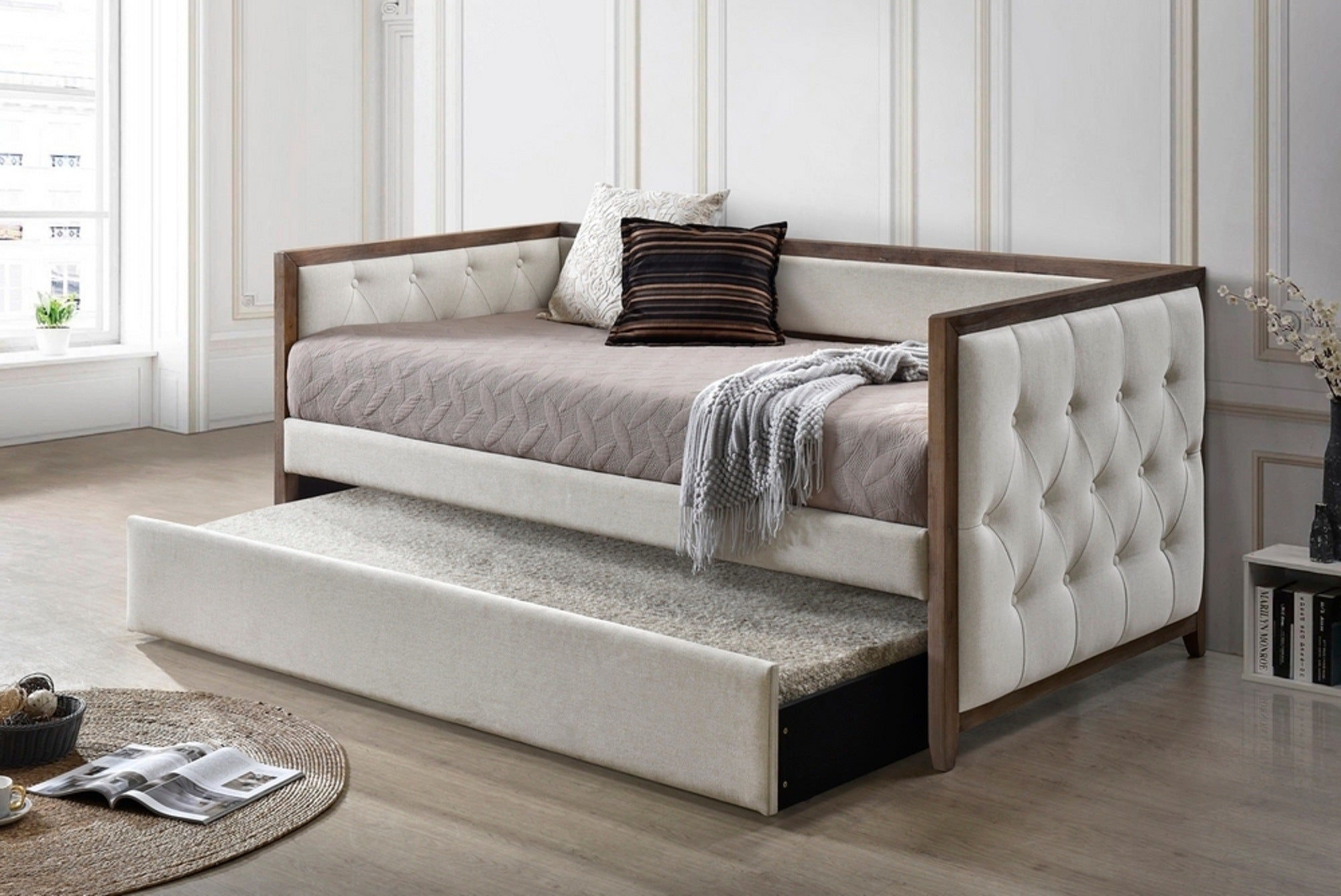 Ultra Stylish Daybed with Trundle 1pc Solid Wood Frame Beige Fabric Upholstered Button-Tufted Modern Home Furniture