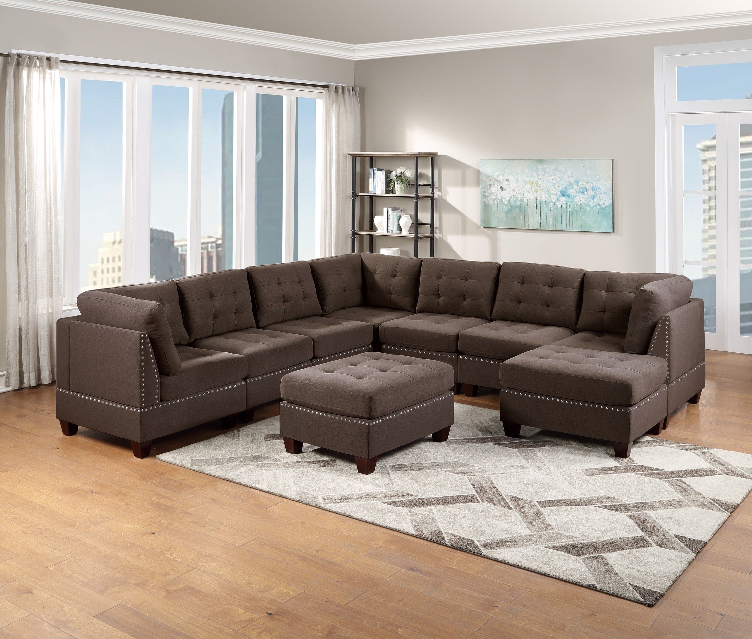 Modular Sectional 9pc Set Living Room Furniture Corner Sectional Tufted Nail heads Couch Black Coffee Linen Like Fabric 3x Corner Wedge 4x Armless Chairs and 2x Ottomans