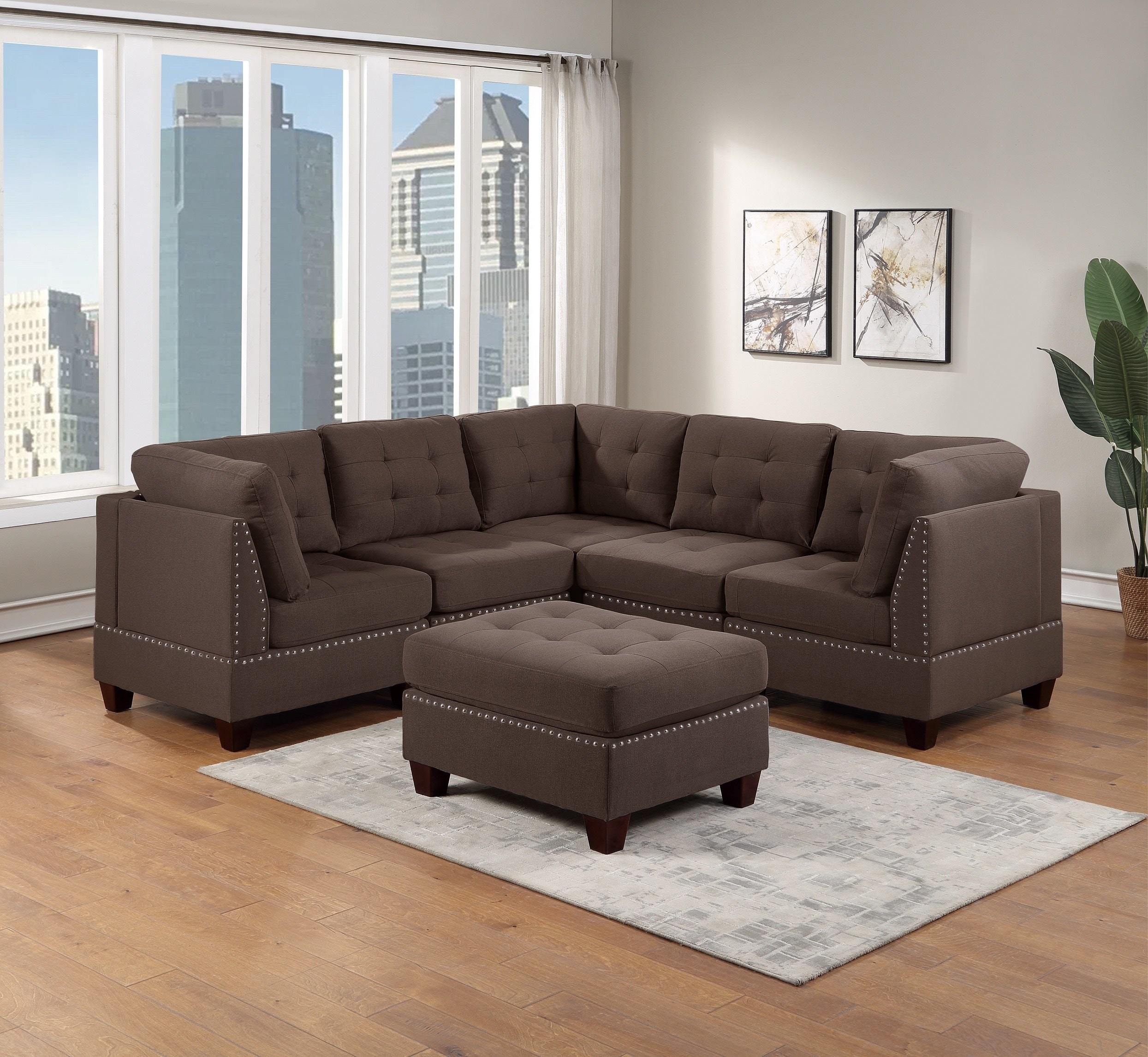 Modular Sectional 6pc Set Living Room Furniture Corner Sectional Tufted Nail heads Couch Black Coffee Linen Like Fabric 3x Corner Wedge 2x Armless Chairs and 1x Ottoman