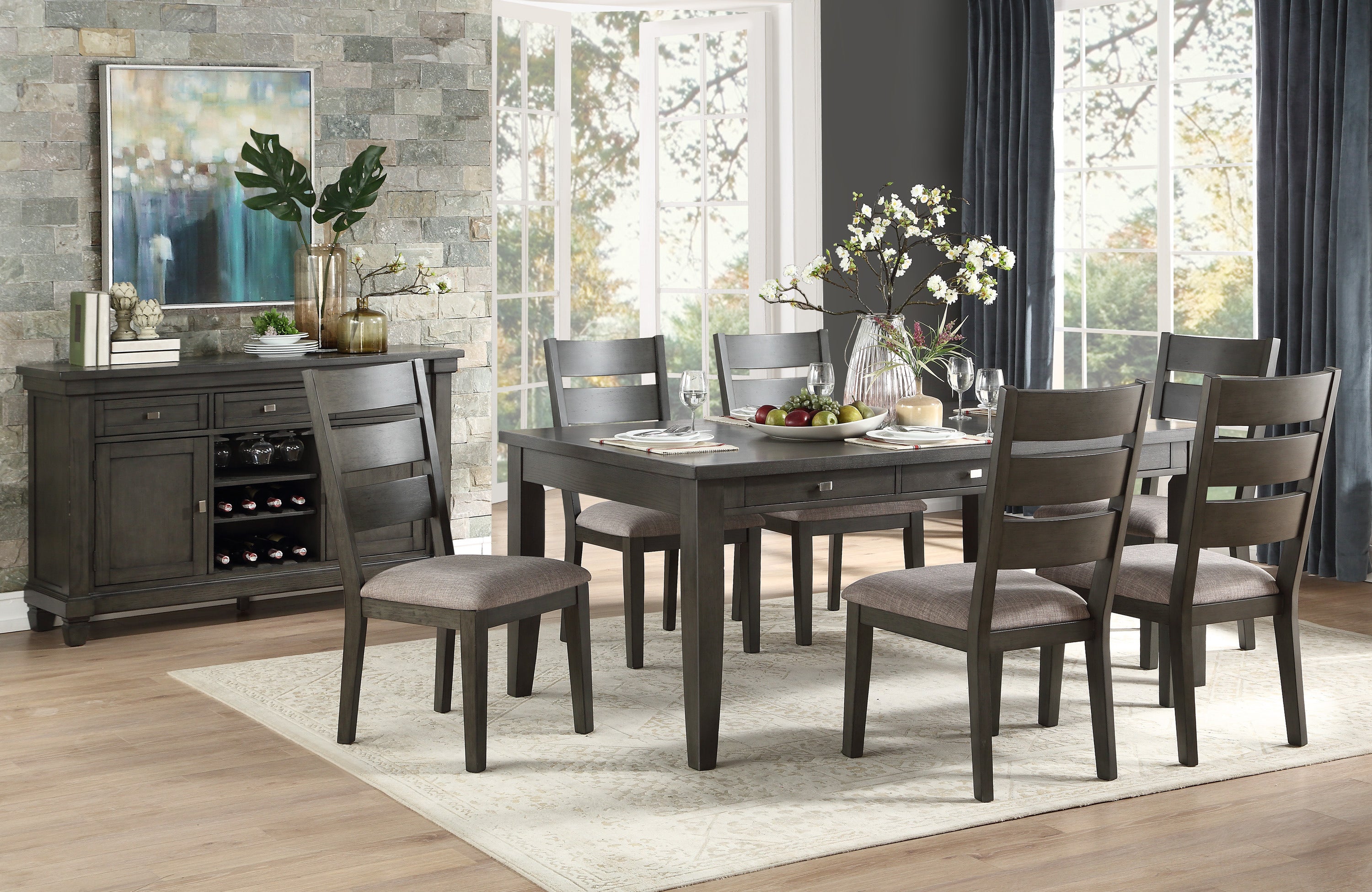 Gray Finish 7pc Dining Set Table with 6x Drawers and 6x Side Chairs Upholstered Seat Transitional Dining Room Furniture