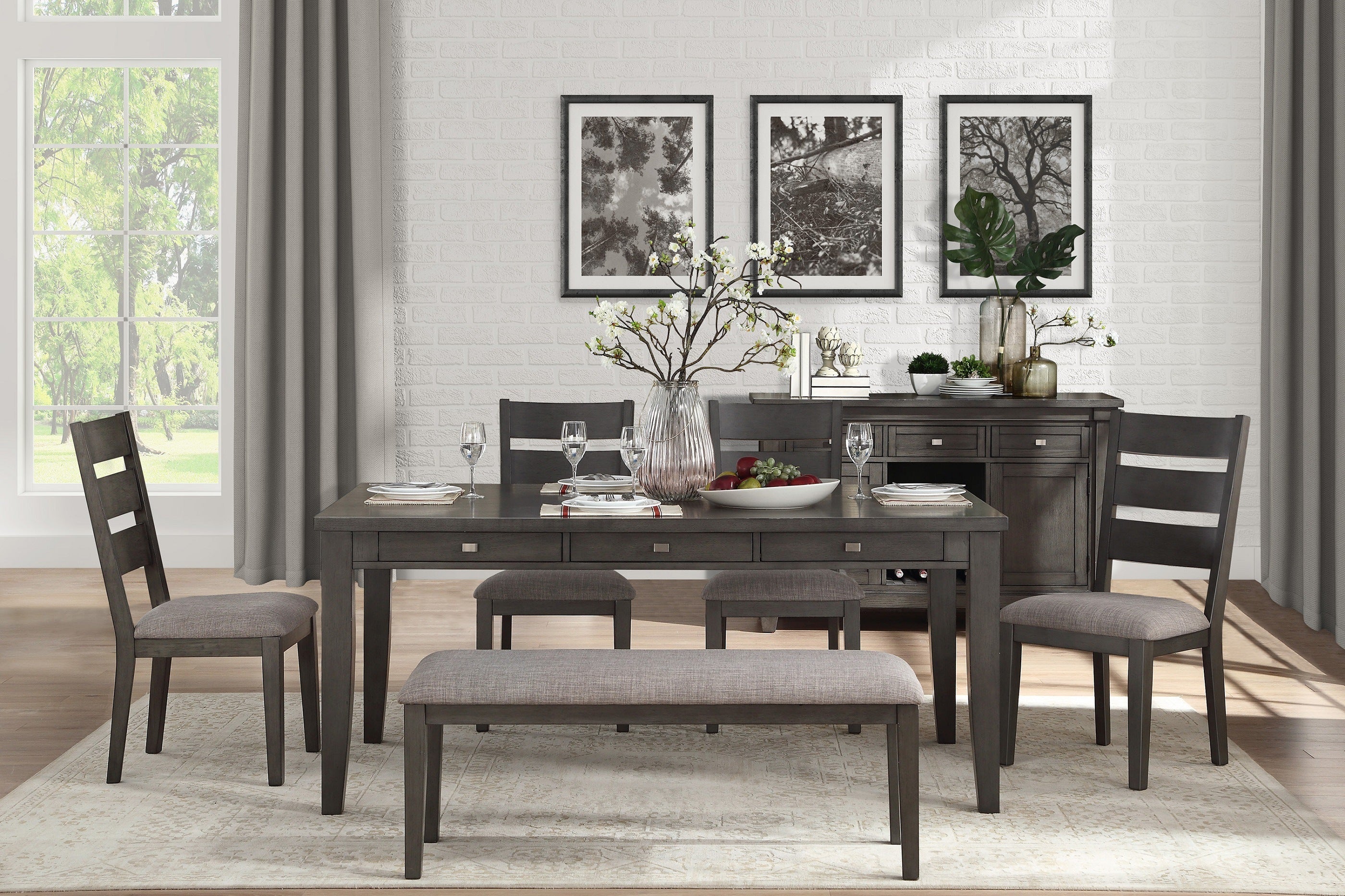 Gray Finish 6pc Dining Set Table with 6x Drawers and 4x Side Chairs Bench Upholstered Seat Transitional Dining Room Furniture