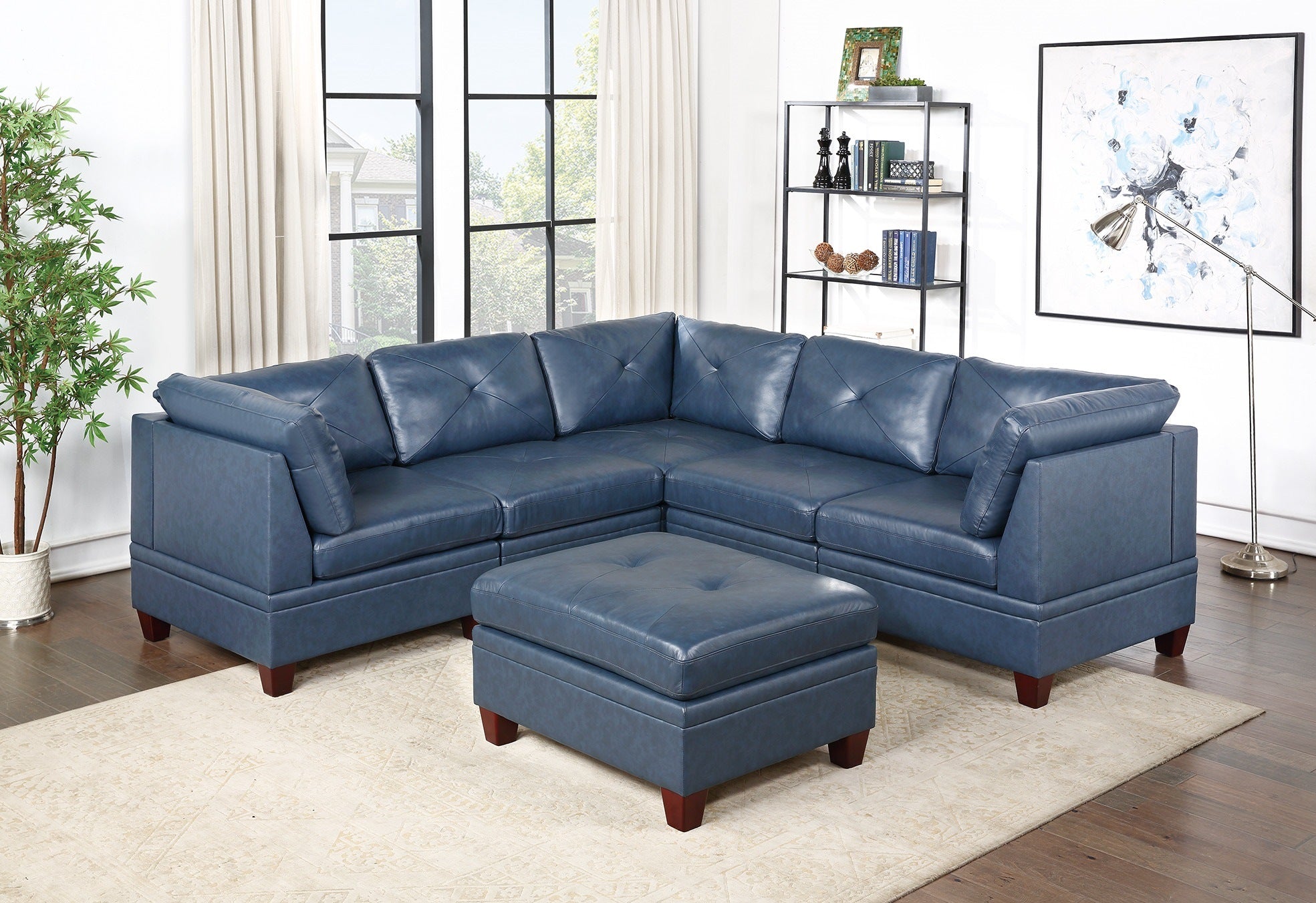 Genuine Leather Ink Blue Tufted 6pc Modular Sofa Set 3x Corner Wedge 2x Armless Chair 1x Ottoman Living Room Furniture Sofa Couch