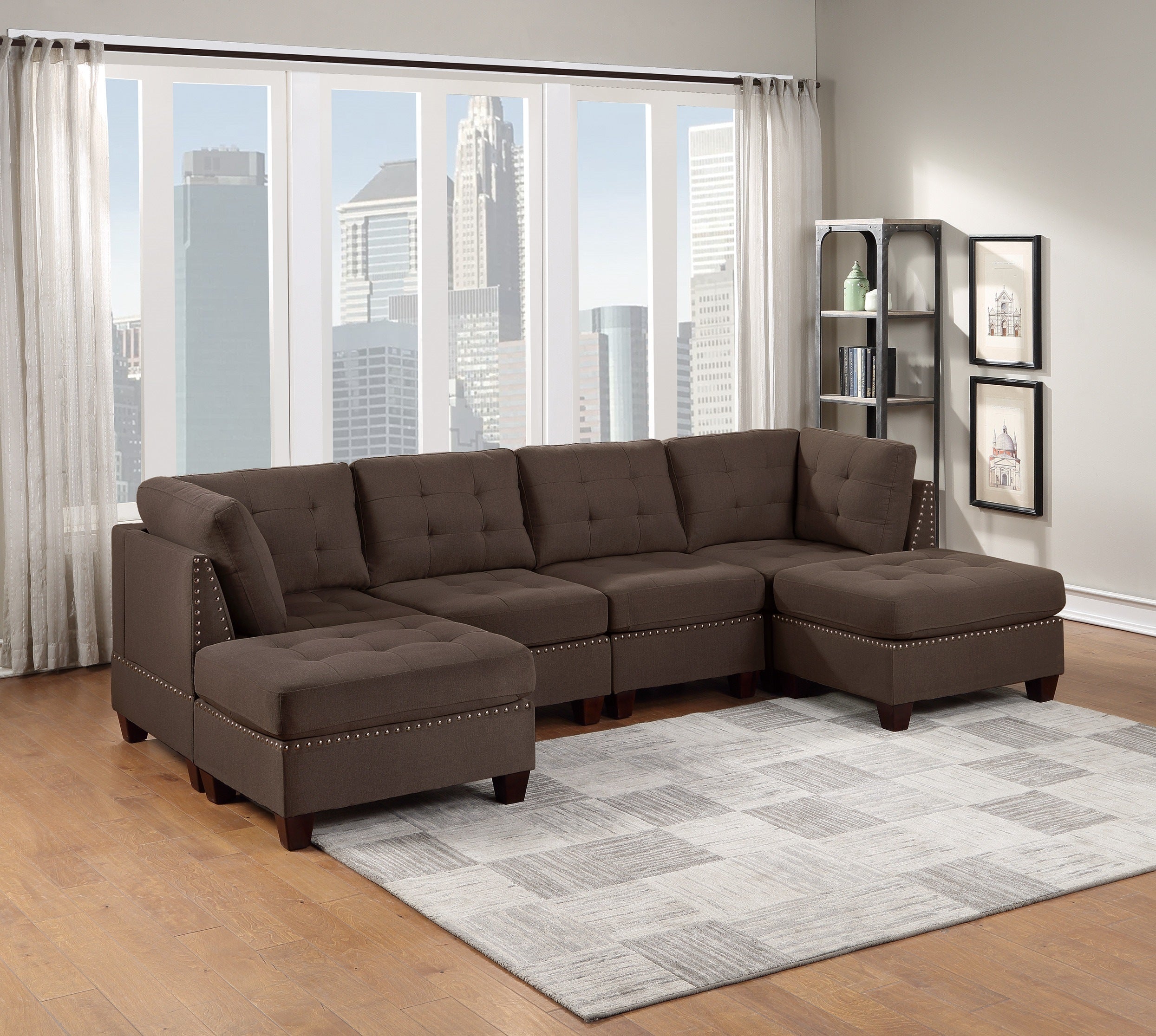 Modular Sectional 6pc Set Living Room Furniture U-Sectional Tufted Nail heads Couch Black Coffee Linen Like Fabric 2x Corner Wedge 2x Armless Chairs and 2x Ottomans