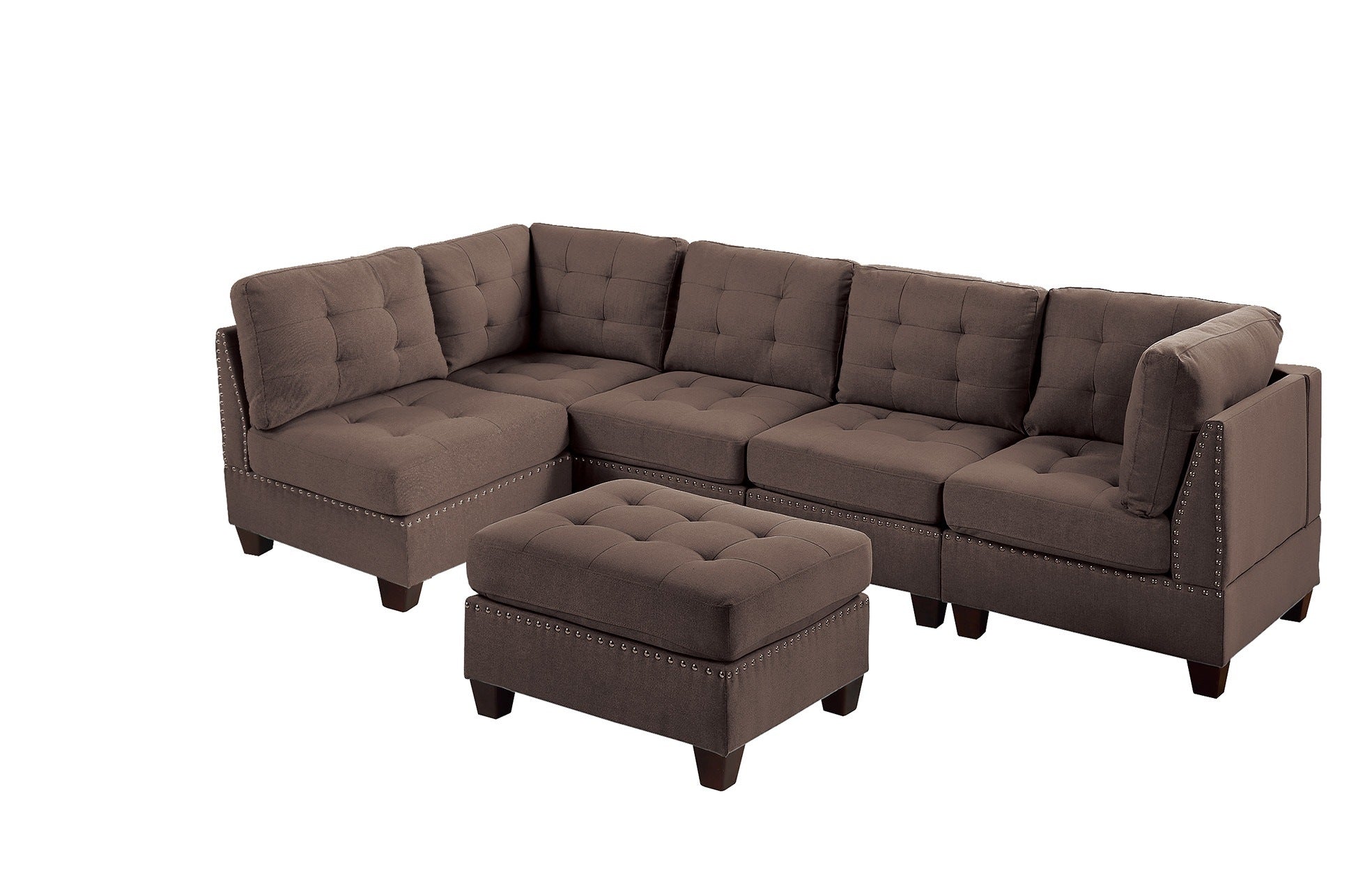 Contemporary Modular Sectional 6pc Set Living Room Furniture Corner Sectional Black Coffee Linen Like Fabric Tufted Nail heads 2x Corner Wedge 3x Armless Chair and 1x Ottoman