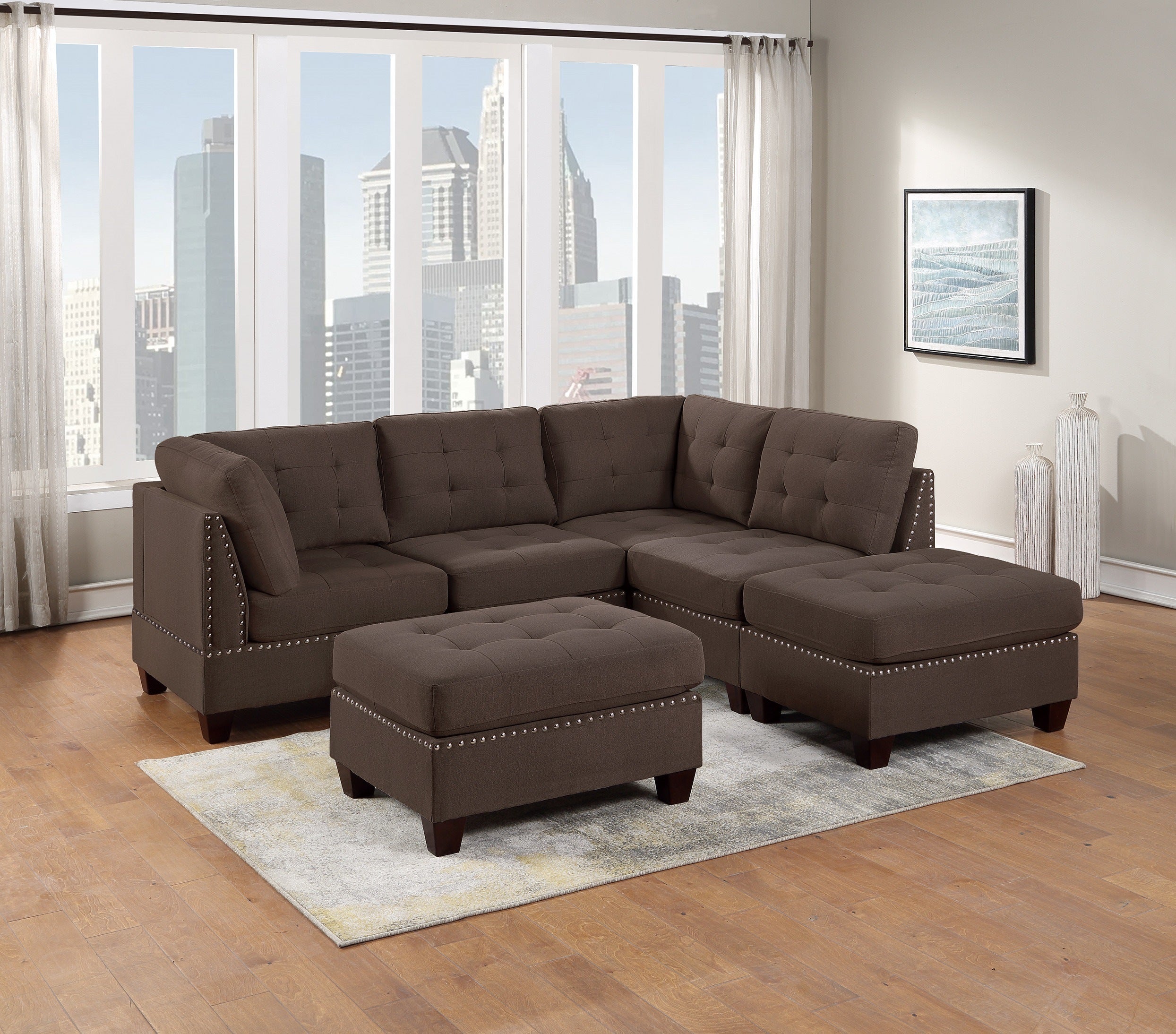 Modular Sectional 6pc Set Living Room Furniture L-Sectional Black Coffee Linen Like Fabric Tufted Nailheads 2x Corner Wedge 2x Armless Chairs and 2x Ottomans