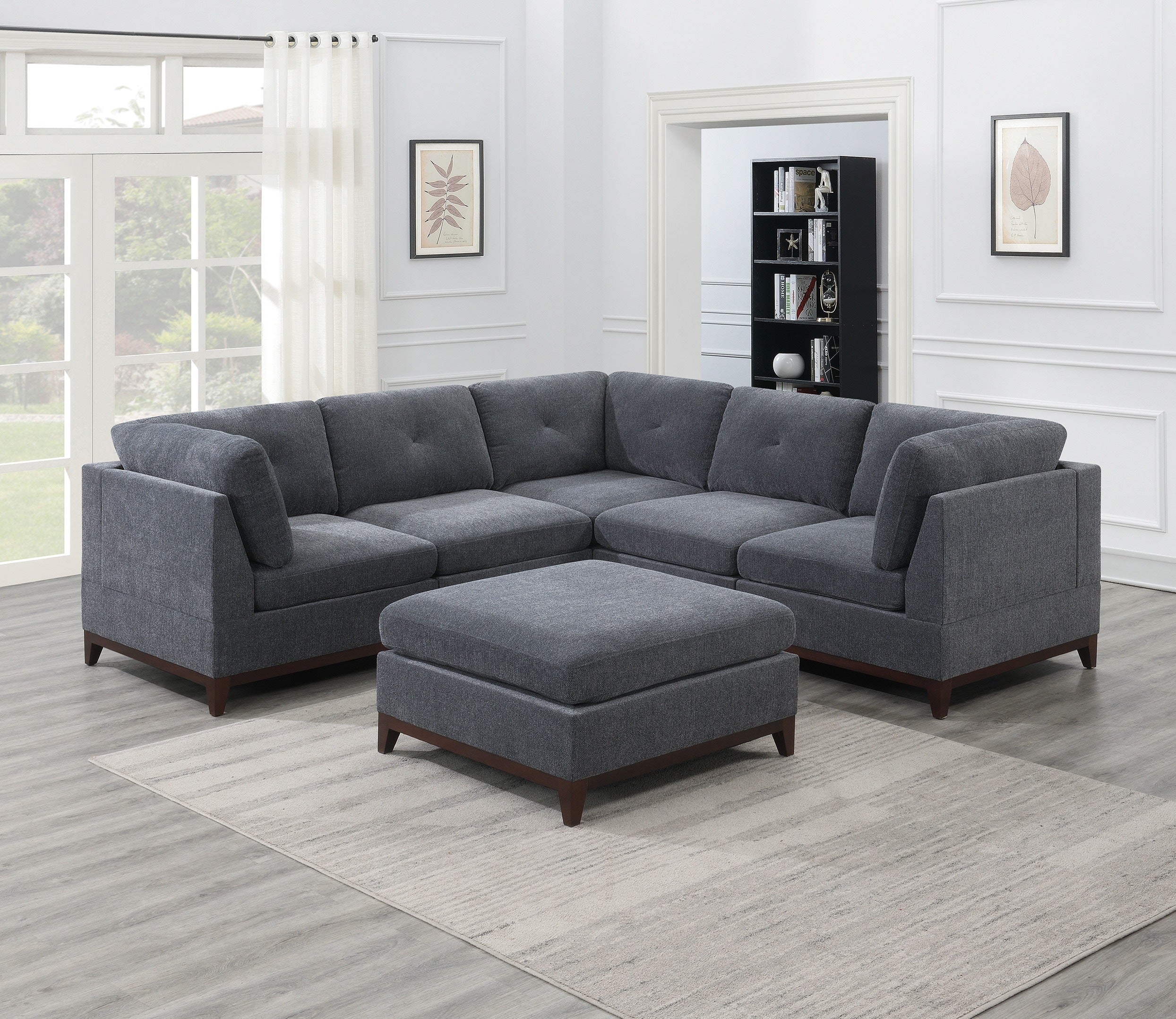 Ash Grey Chenille Fabric Modular Sectional 6pc Set Living Room Furniture Corner Sectional Couch 3x Corner Wedge 2x Armless Chairs and 1x Ottoman Tufted Back