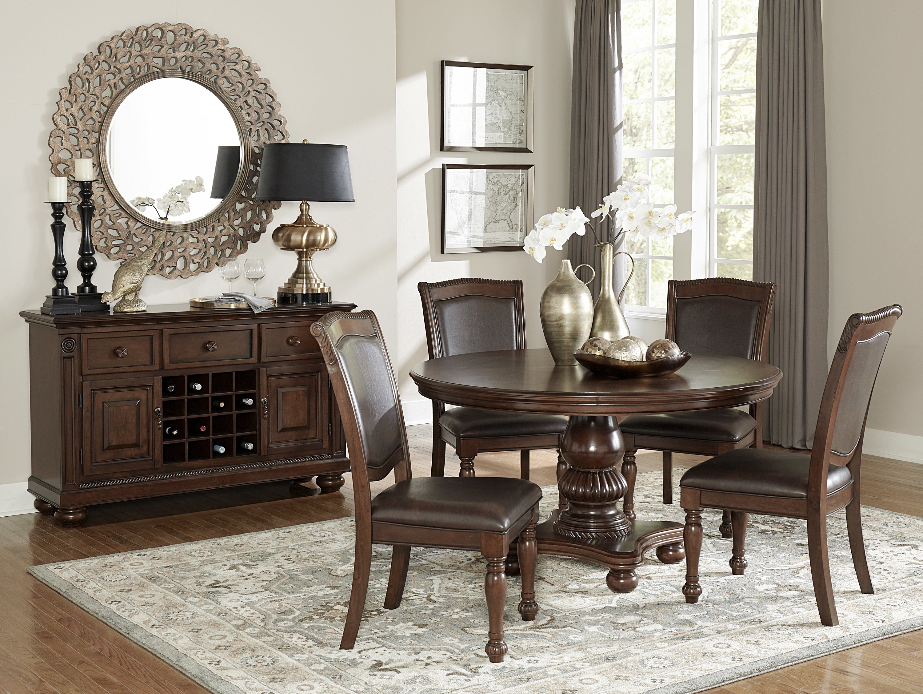 Elegant Design 5pc Dining Set Brown Cherry Finish Pedestal Base Table and 4x Side Chairs Faux Leather Upholstered Traditional Dining Room Furniture