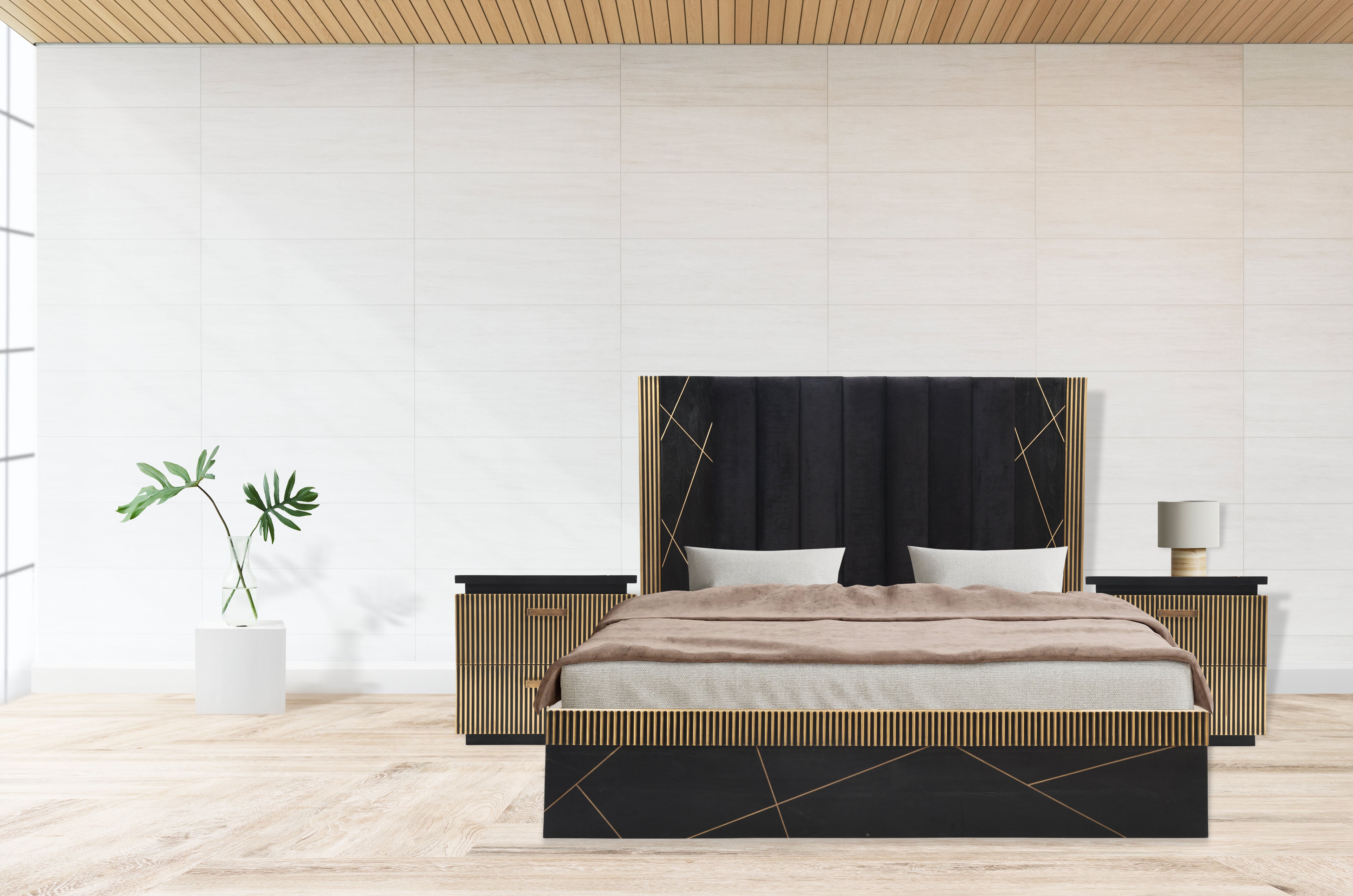 Allure Modern Style King Bed Made With Mango Wood and Finished with Brass Metal