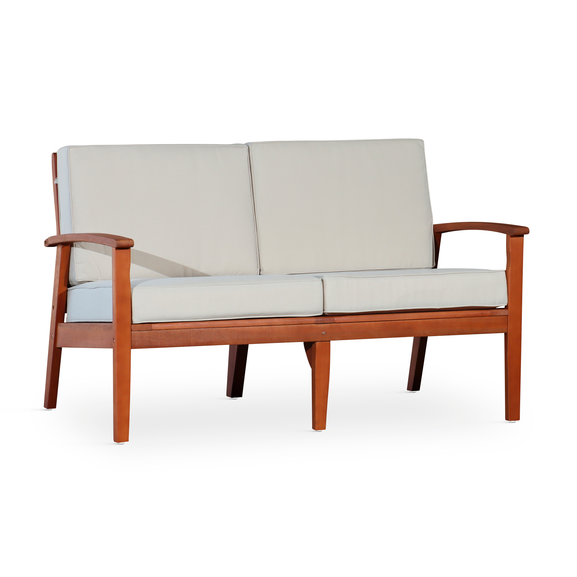 Eucalyptus Loveseat with Cushions, Natural Oil Finish, Sand Cushions