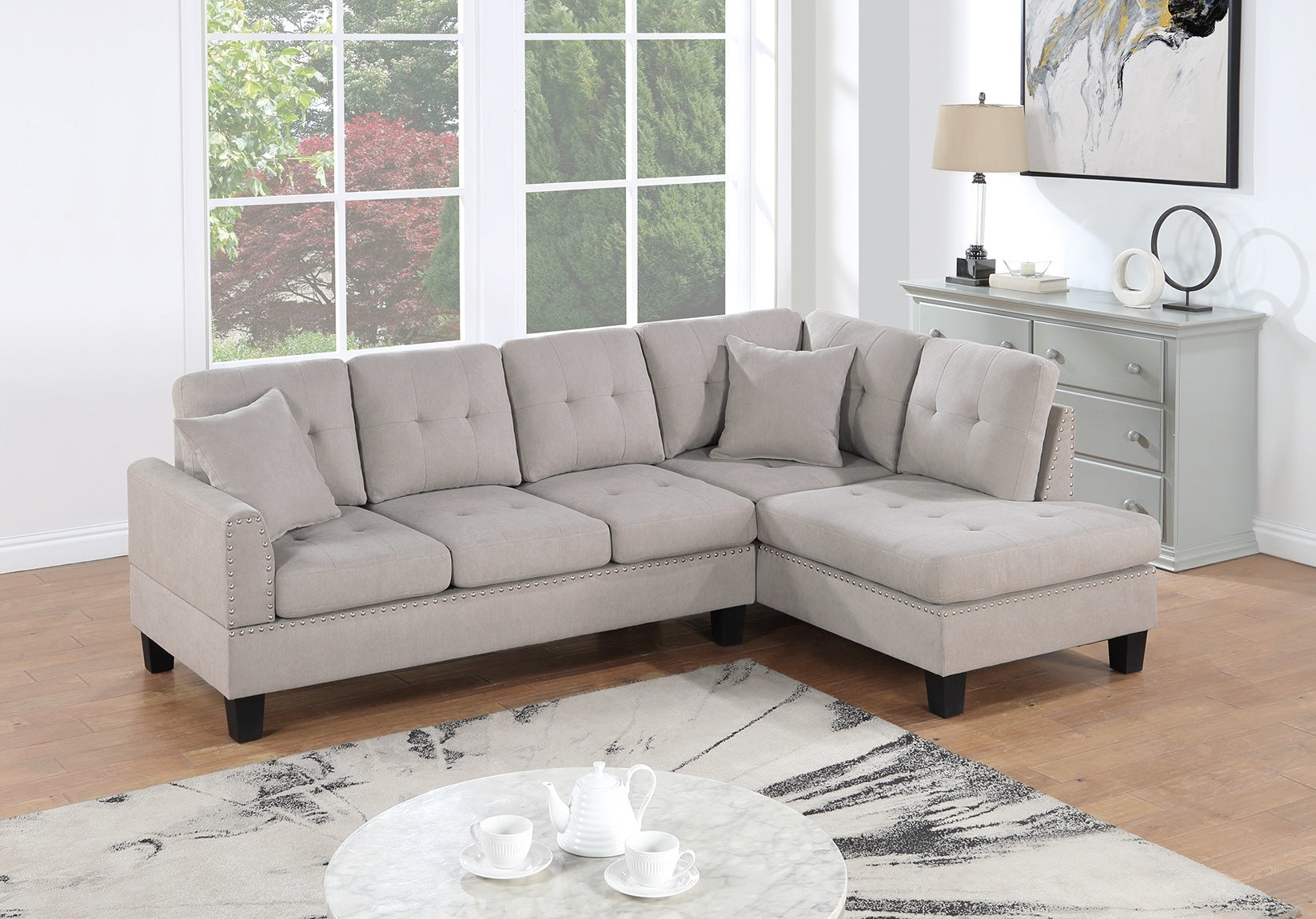 Living Room Furniture 2-PCS Sectional Sofa Set LAF Sofa And RAF Chaise Mushroom Color Tweeted-Like Velvet Tufted Couch Nailheads