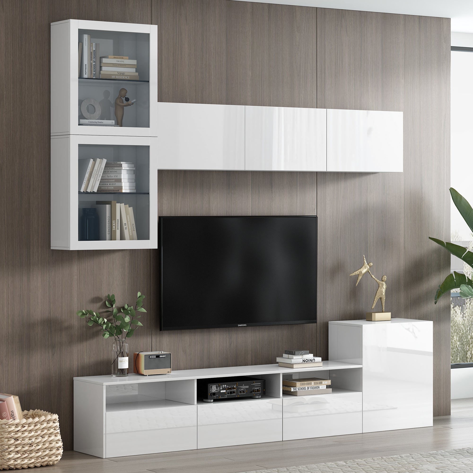 ON-TREND High Gloss TV Stand with Ample Storage Space, Media Console for TVs Up to 78", Versatile Entertainment Center with Wall Mounted Floating Storage Cabinets for Living Room, White