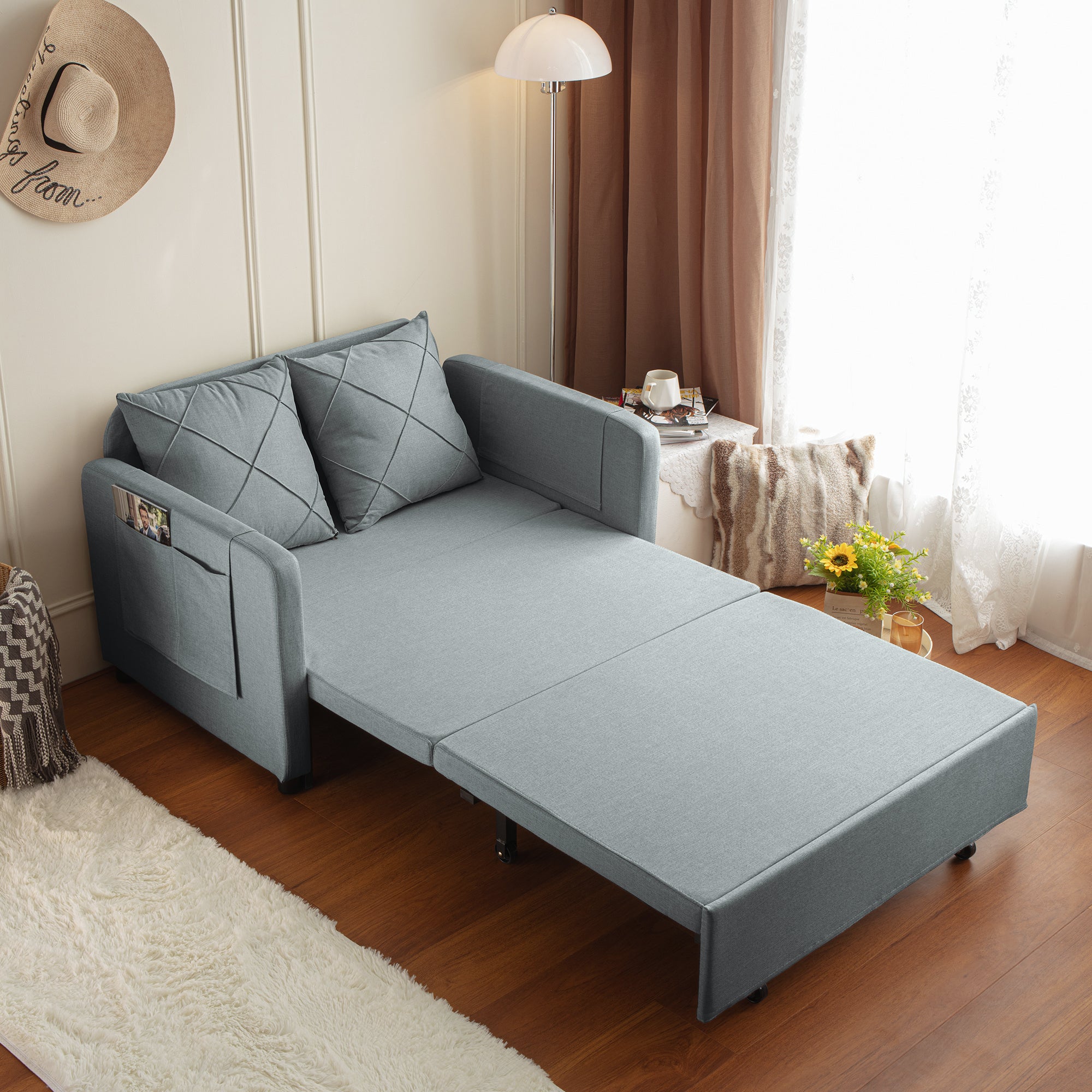 [VIDEO] provided]Modern Love Seat Futon Sofa Bed with Headboard,Linen Love seat Couch,Pull Out Sofa Bed With 2 Pillows & 2 Sides Pockets for Any Small Spaces