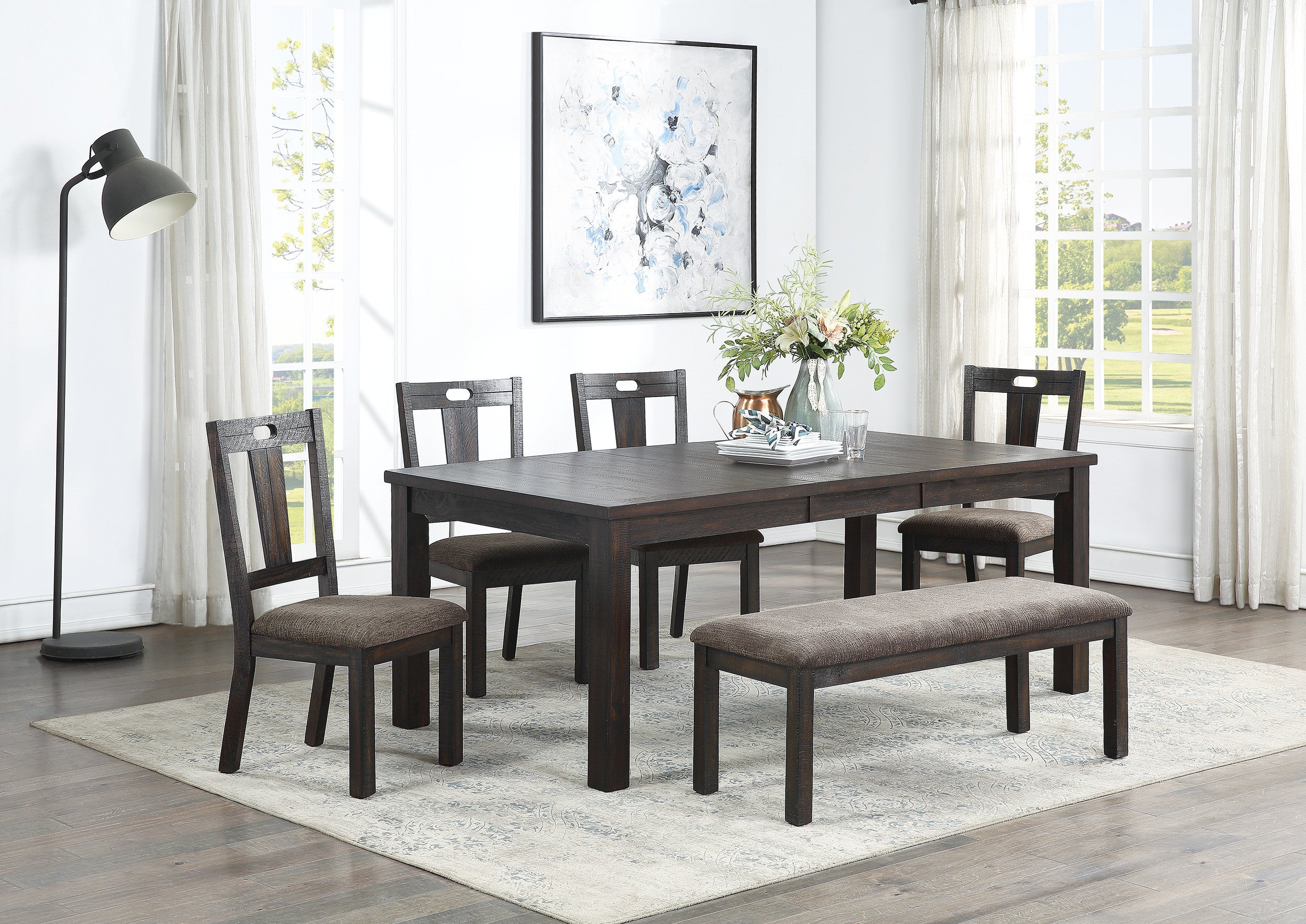 Transitional Style 6pc Dining Room Set Dining Table w Leaf 1x Bench and 4x Side Chairs Dark Grey Finish Cushion Seats Kitchen Dining Furniture