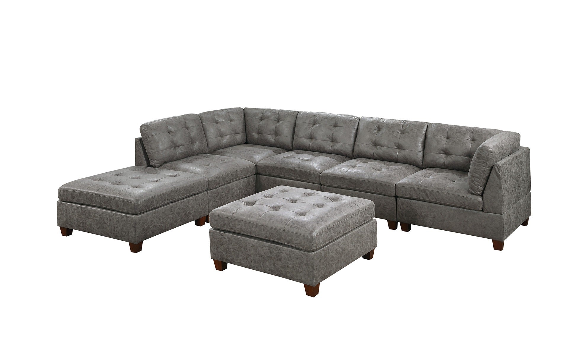 Living Room Furniture Antique Grey Modular Sectional 7pc Set Breathable Leatherette Tufted Couch 2x Corner Wedge 3x Armless Chairs and 2x Ottoman L-Shaped