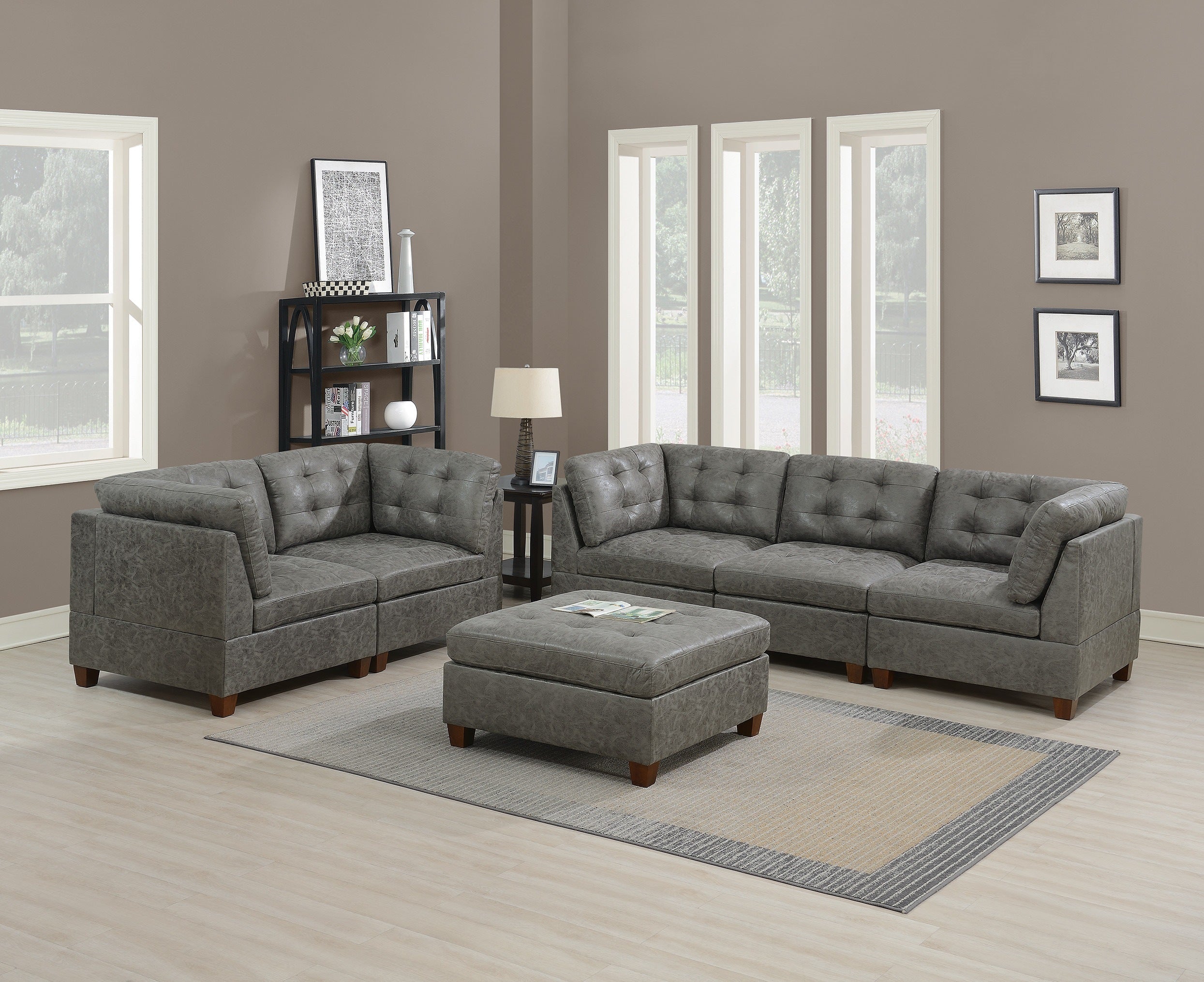 Living Room Furniture Antique Grey Modular Sofa Set 6pc Set Breathable Leatherette Tufted Couch 4x Corner Wedge 1x Armless Chair and 1x Ottoman