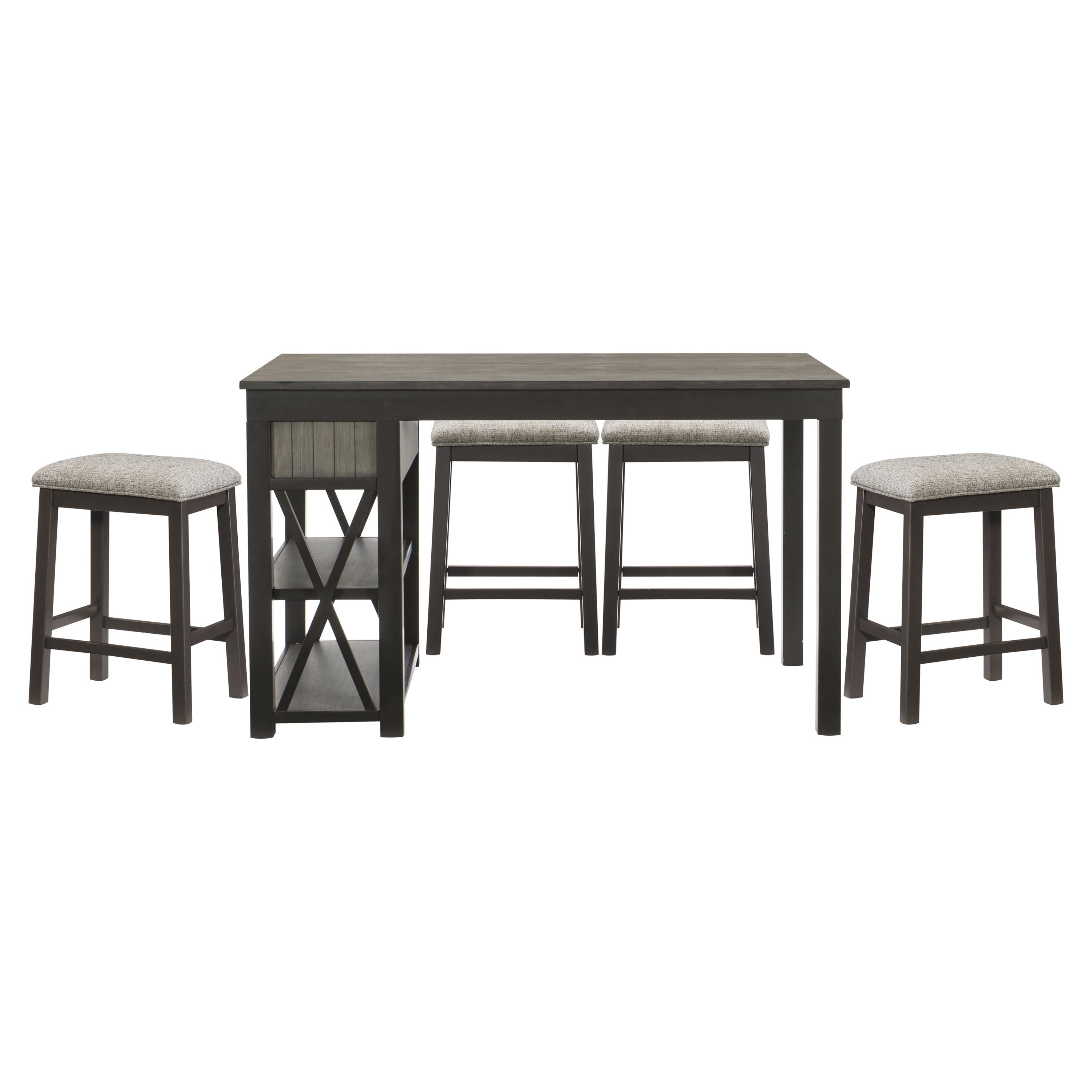 Casual Style Counter Height Dining 5pc Set Gray Finish Multifunctional Table with 4x Stools Upholstered Cushion Seat Drawers Shelves Table Dining Kitchen Set