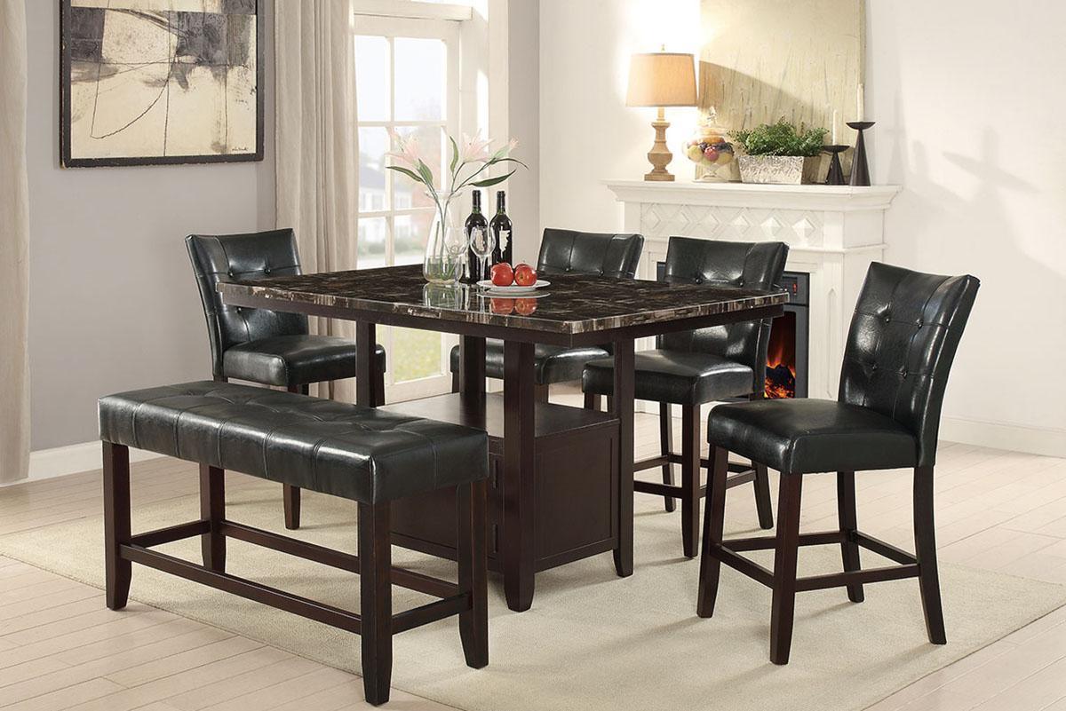 Dining Room Furniture 6pc Counter Height Dining Set Dining Table w Storage 4x High Chairs 1x Bench Black Faux Leather Tufted Seats Faux Marble Table Top