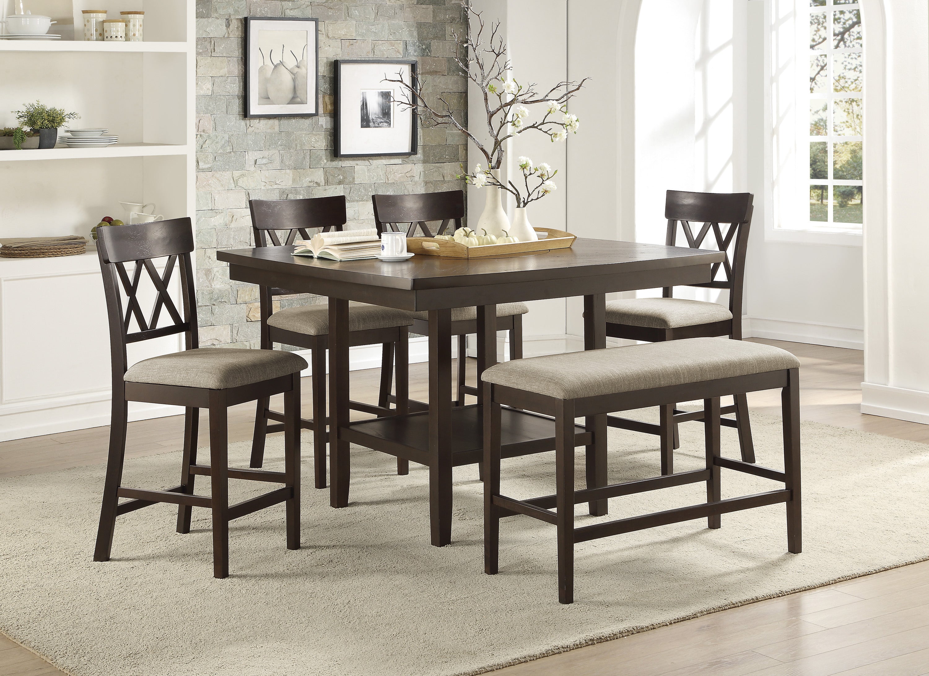 Dark Brown Finish Counter Height Table with Lazy Susan Lower Display Shelf and 4x Counter Height Chairs Bench Contemporary Dining 6pc Set Wooden Furniture