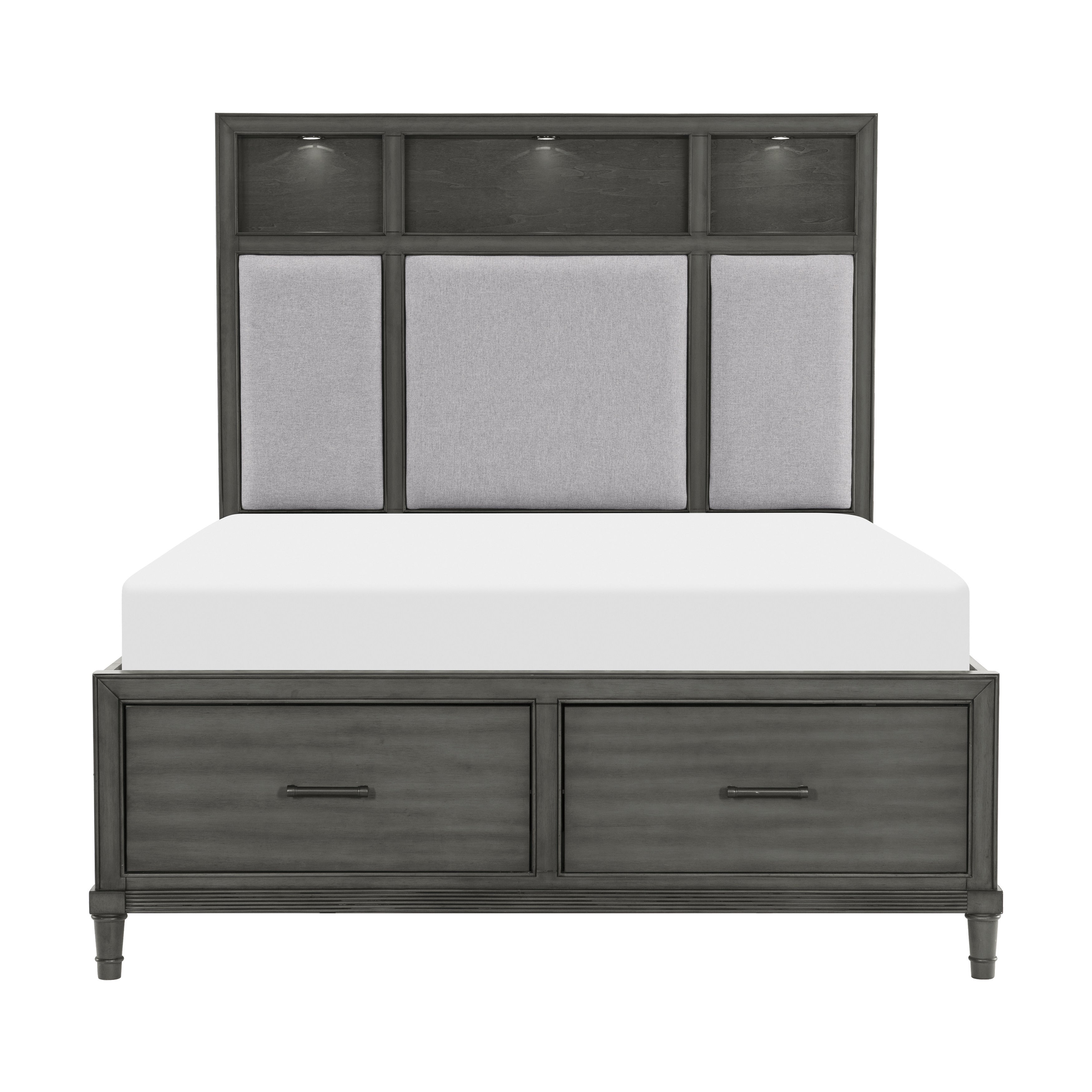 Gray Queen Platform Bed w Storage Drawers Upholstered Headboard USB Ports LED Lights Bedroom Furniture Transitional Style