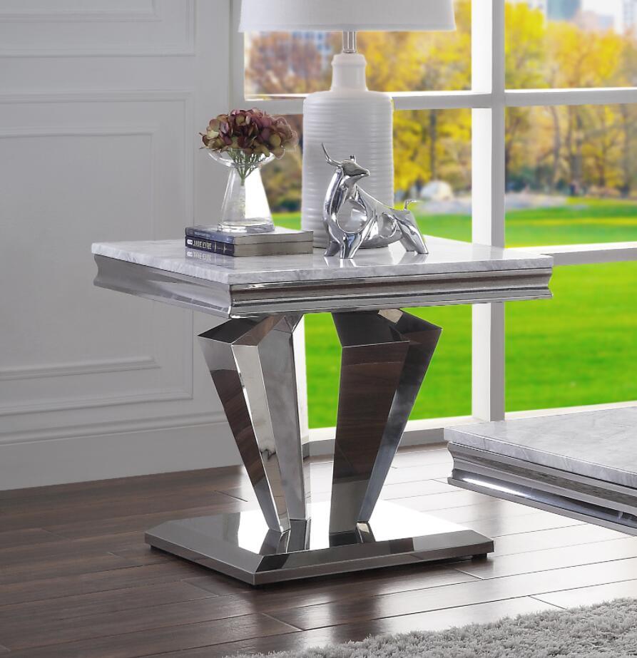 ACME Satinka End Table, Light Gray Printed Faux Marble & Mirrored Silver Finish 87219