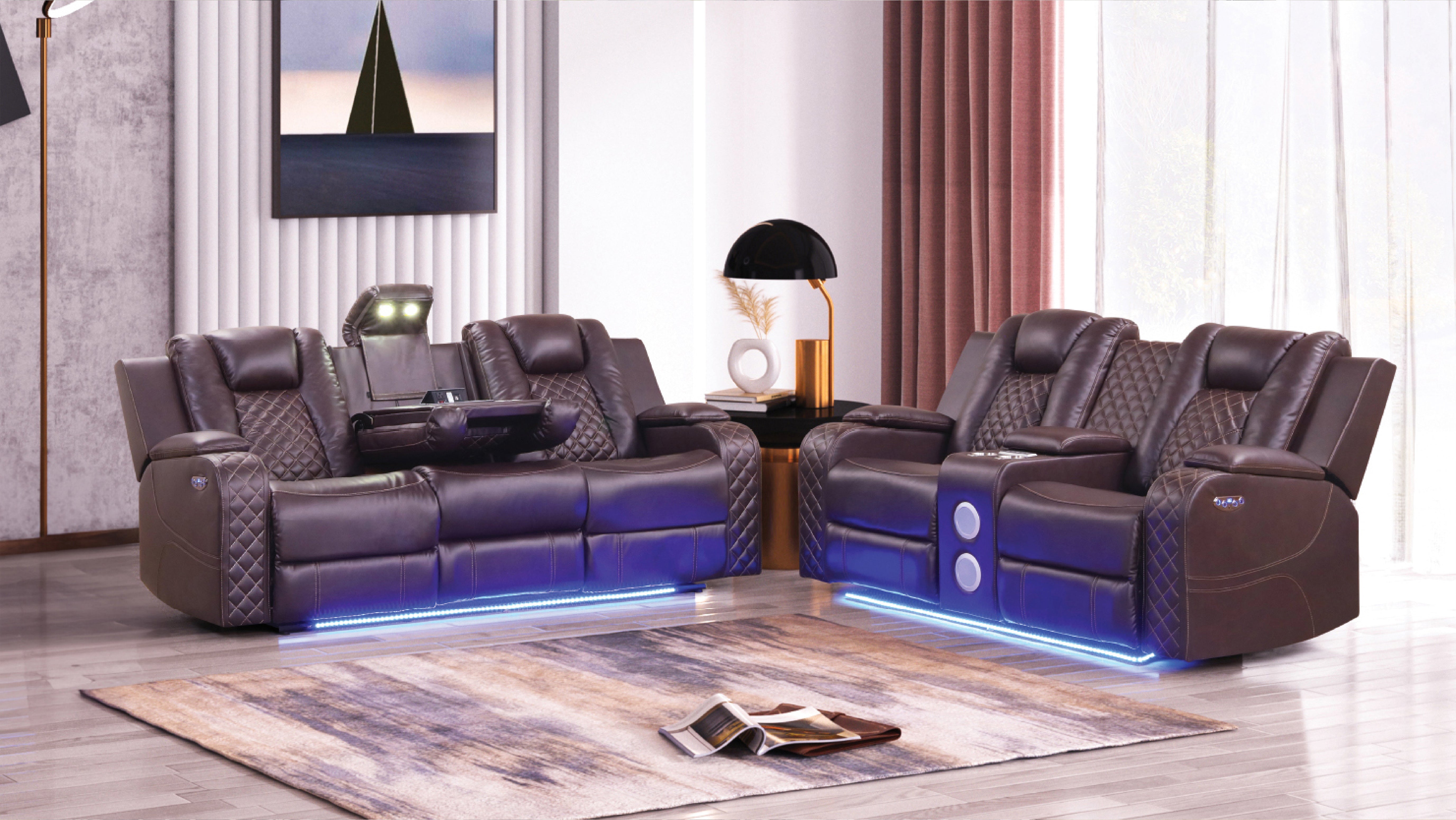 Benz LED & Power Reclining 2 Pc Set Made With Faux Leather in Brown