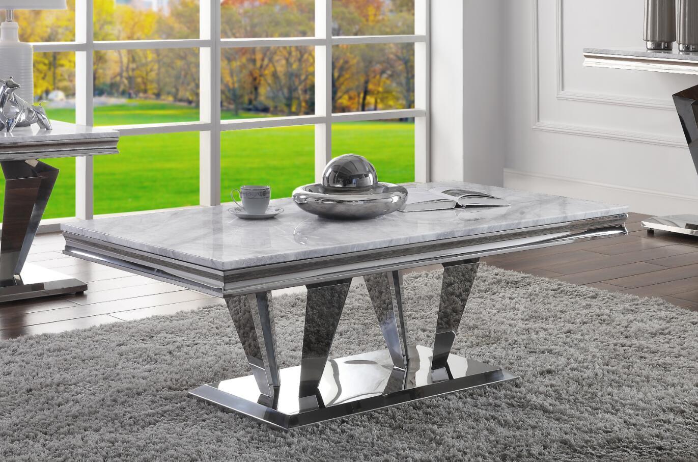 ACME Satinka Coffee Table, Light Gray Printed Faux Marble & Mirrored Silver Finish 87215